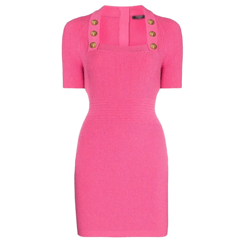 Smocked Square Collar Short Sleeve Zip Back Office Midi Dress (Rose Red/Black)