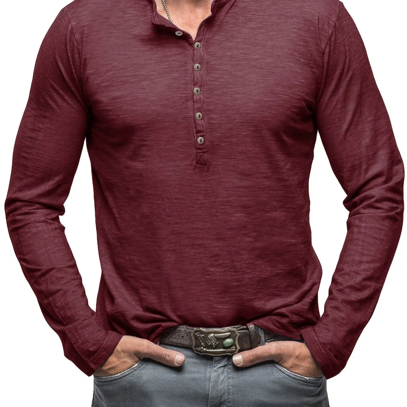 Solid Color Men's All-match Cotton Comfy Long Sleeve Round Neck Henley Shirt, Spring Fall