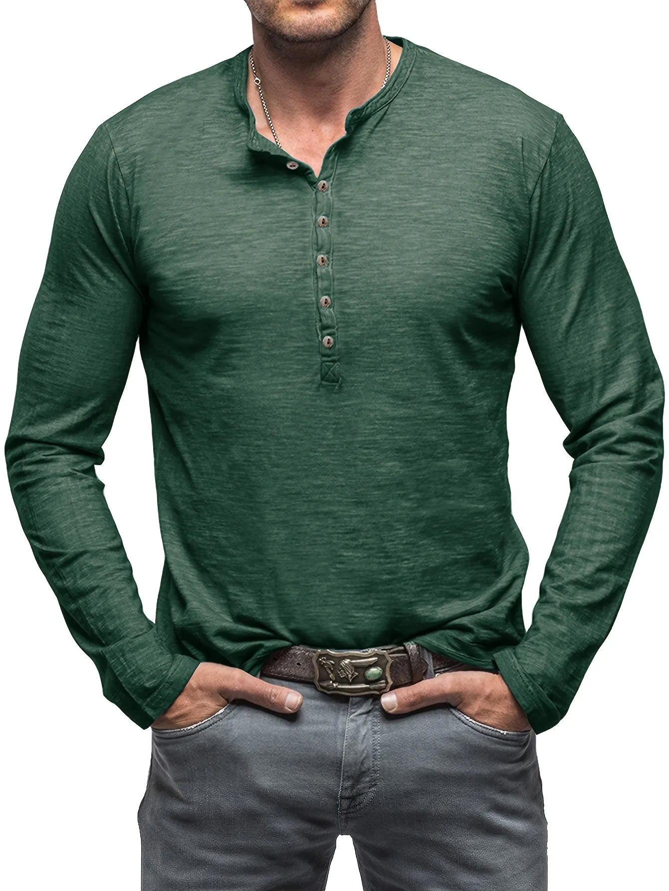 Solid Color Men's All-match Cotton Comfy Long Sleeve Round Neck Henley Shirt, Spring Fall