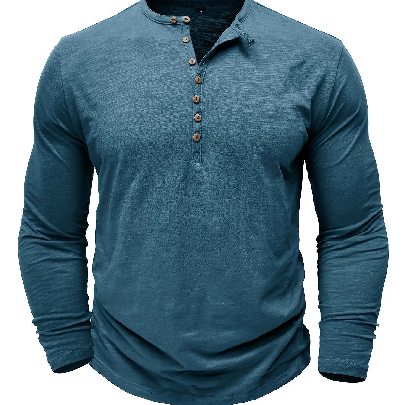 Solid Color Men's All-match Cotton Comfy Long Sleeve Round Neck Henley Shirt, Spring Fall