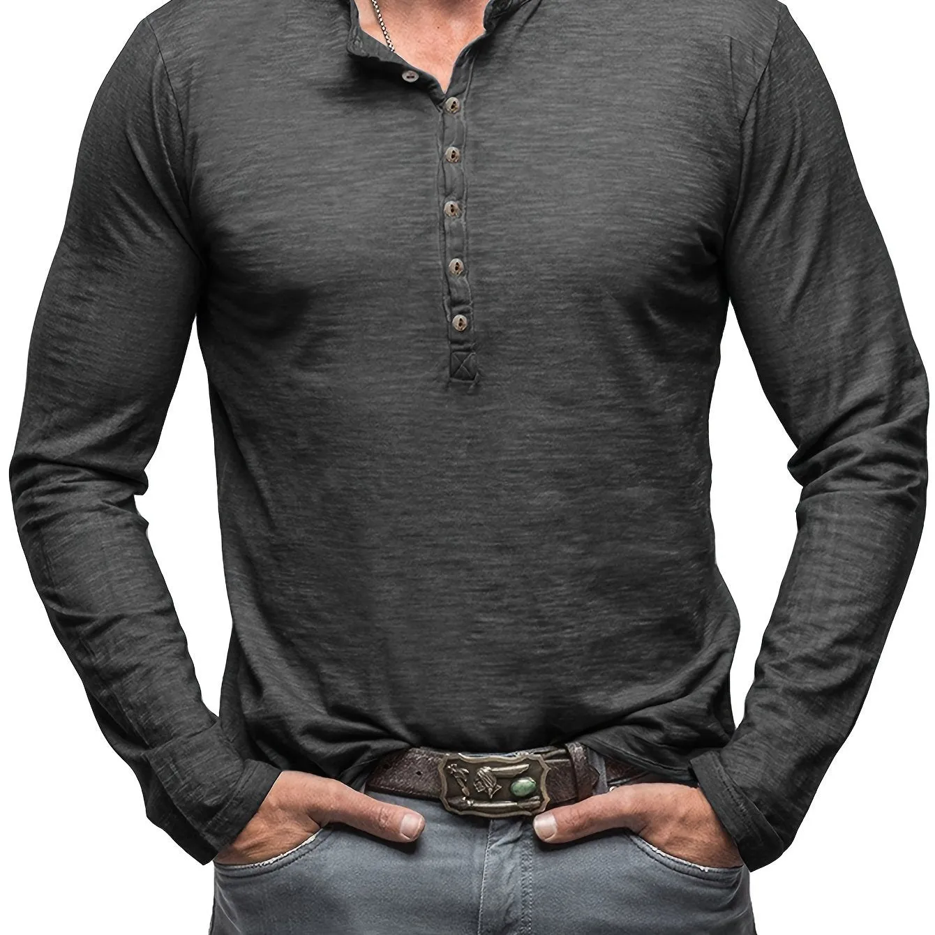 Solid Color Men's All-match Cotton Comfy Long Sleeve Round Neck Henley Shirt, Spring Fall
