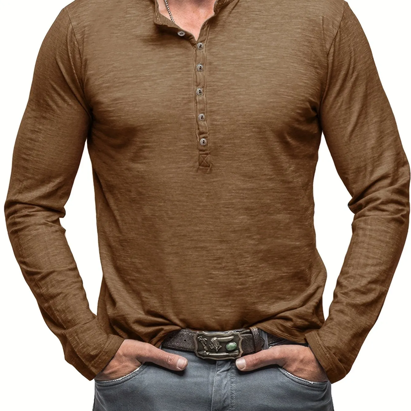 Solid Color Men's All-match Cotton Comfy Long Sleeve Round Neck Henley Shirt, Spring Fall