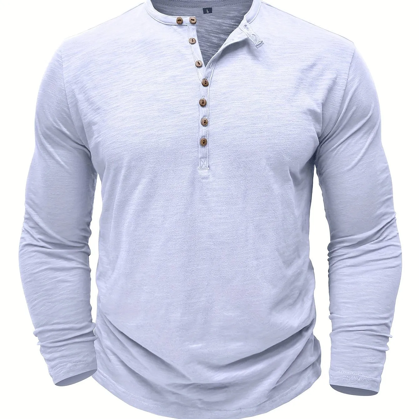 Solid Color Men's All-match Cotton Comfy Long Sleeve Round Neck Henley Shirt, Spring Fall