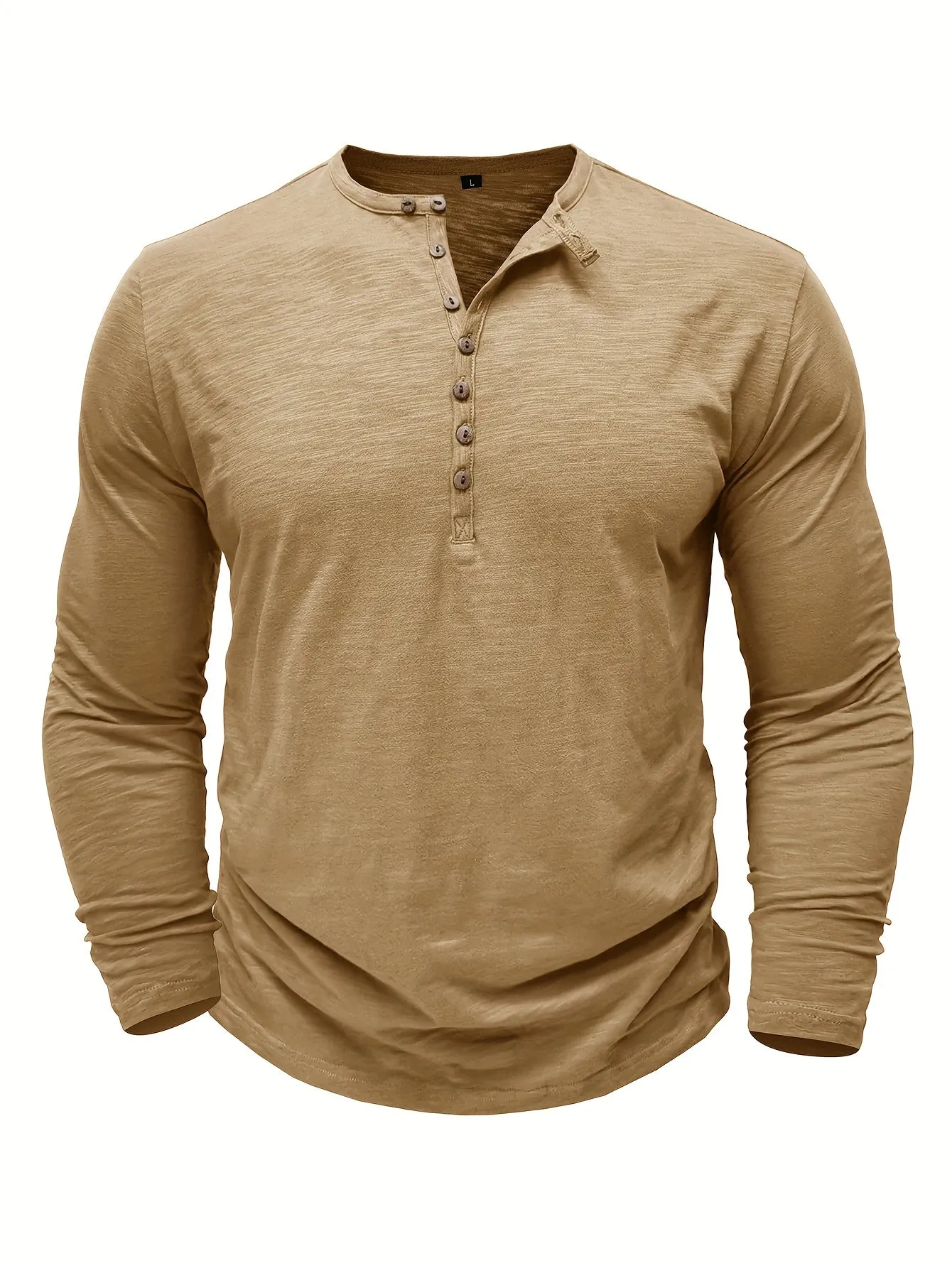 Solid Color Men's All-match Cotton Comfy Long Sleeve Round Neck Henley Shirt, Spring Fall