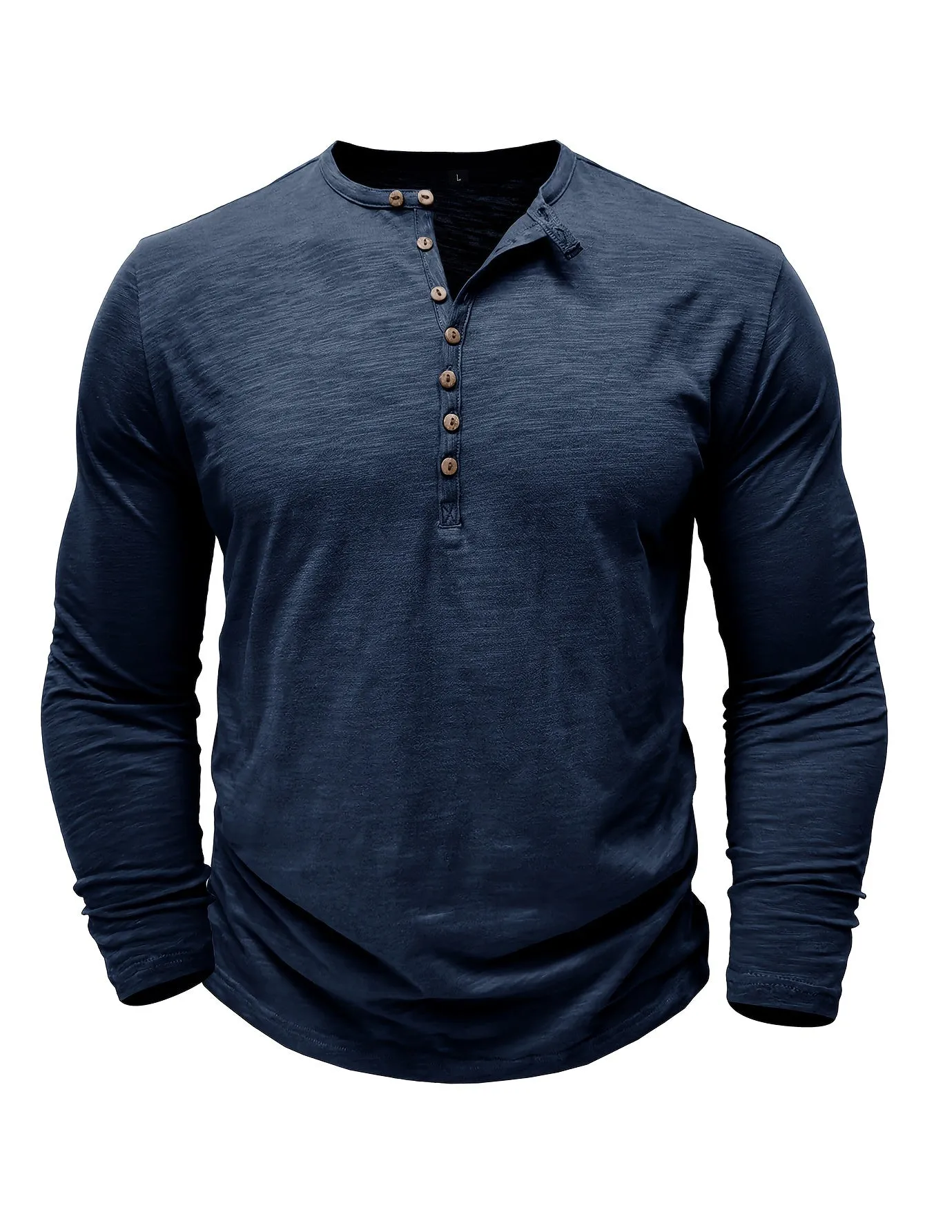 Solid Color Men's All-match Cotton Comfy Long Sleeve Round Neck Henley Shirt, Spring Fall