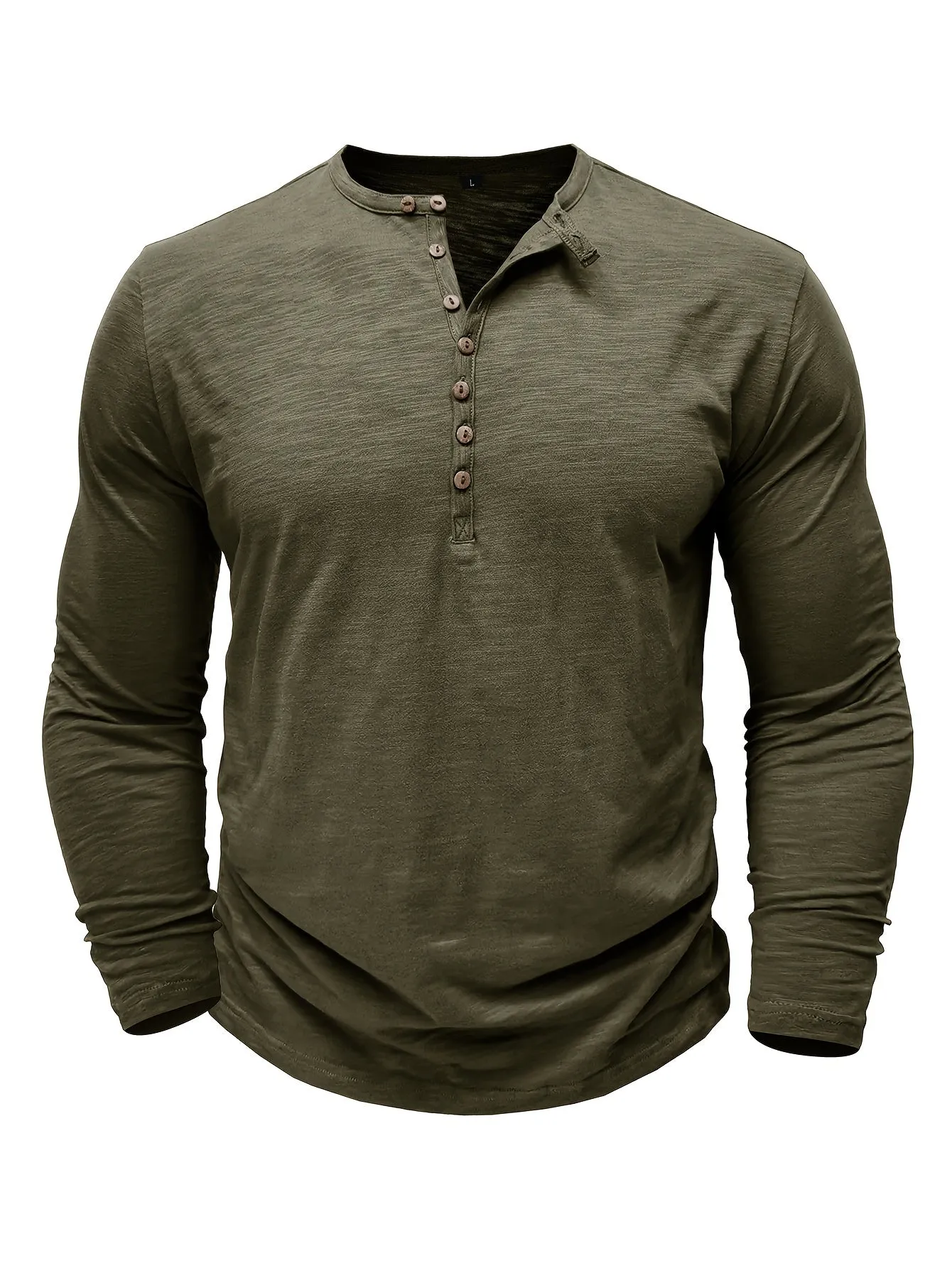 Solid Color Men's All-match Cotton Comfy Long Sleeve Round Neck Henley Shirt, Spring Fall