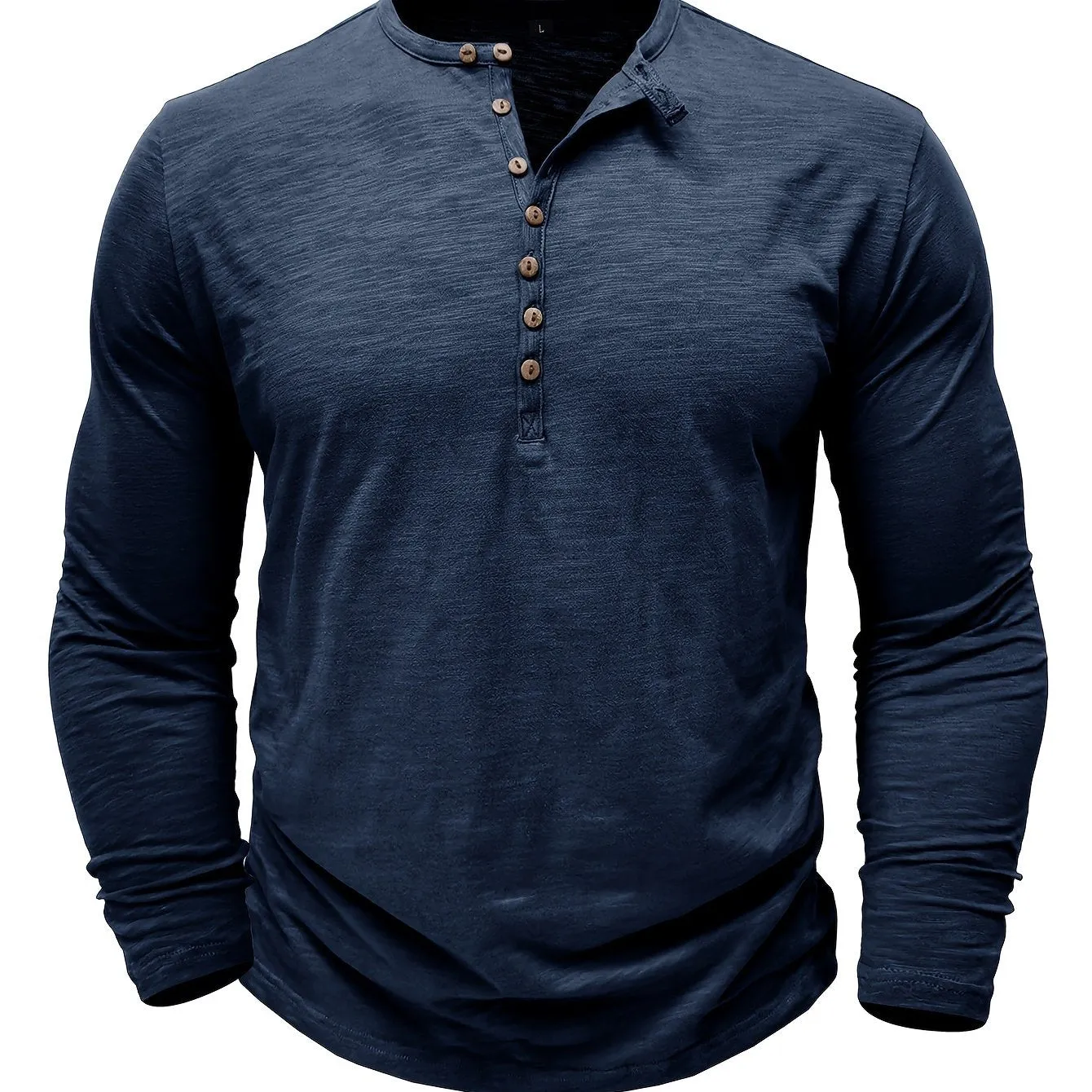 Solid Color Men's All-match Cotton Comfy Long Sleeve Round Neck Henley Shirt, Spring Fall