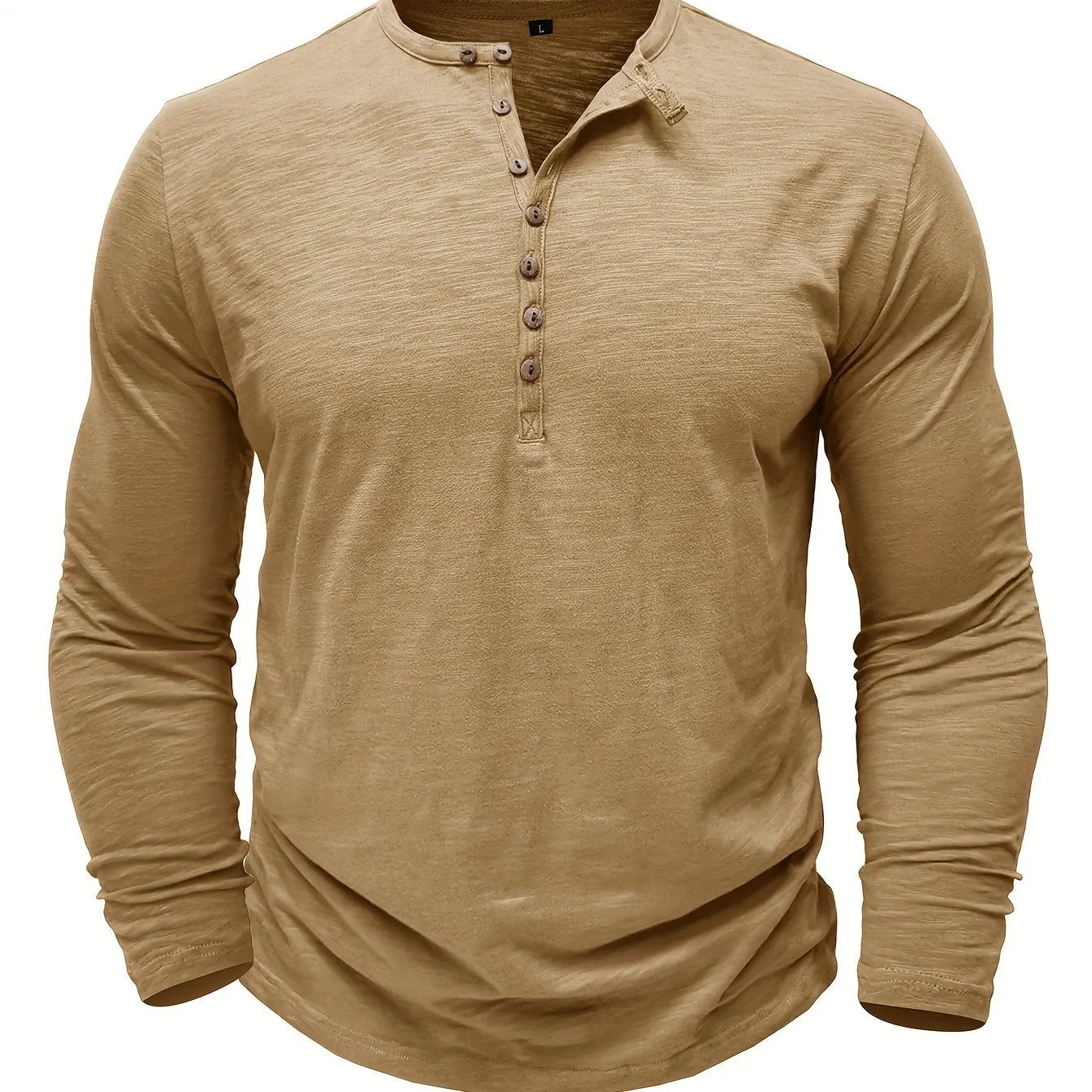 Solid Color Men's All-match Cotton Comfy Long Sleeve Round Neck Henley Shirt, Spring Fall
