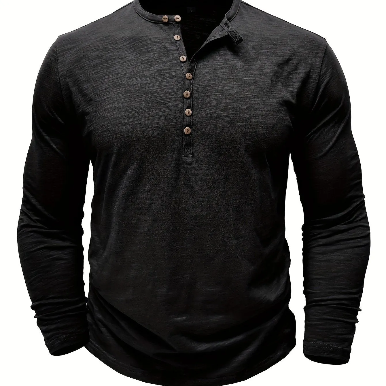 Solid Color Men's All-match Cotton Comfy Long Sleeve Round Neck Henley Shirt, Spring Fall