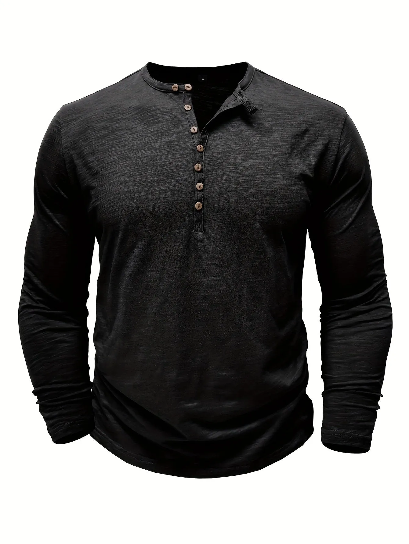 Solid Color Men's All-match Cotton Comfy Long Sleeve Round Neck Henley Shirt, Spring Fall