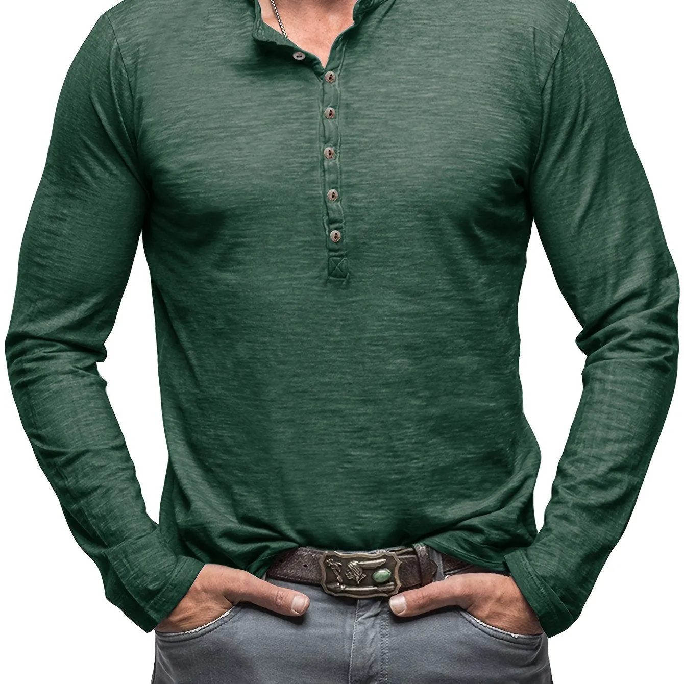 Solid Color Men's All-match Cotton Comfy Long Sleeve Round Neck Henley Shirt, Spring Fall