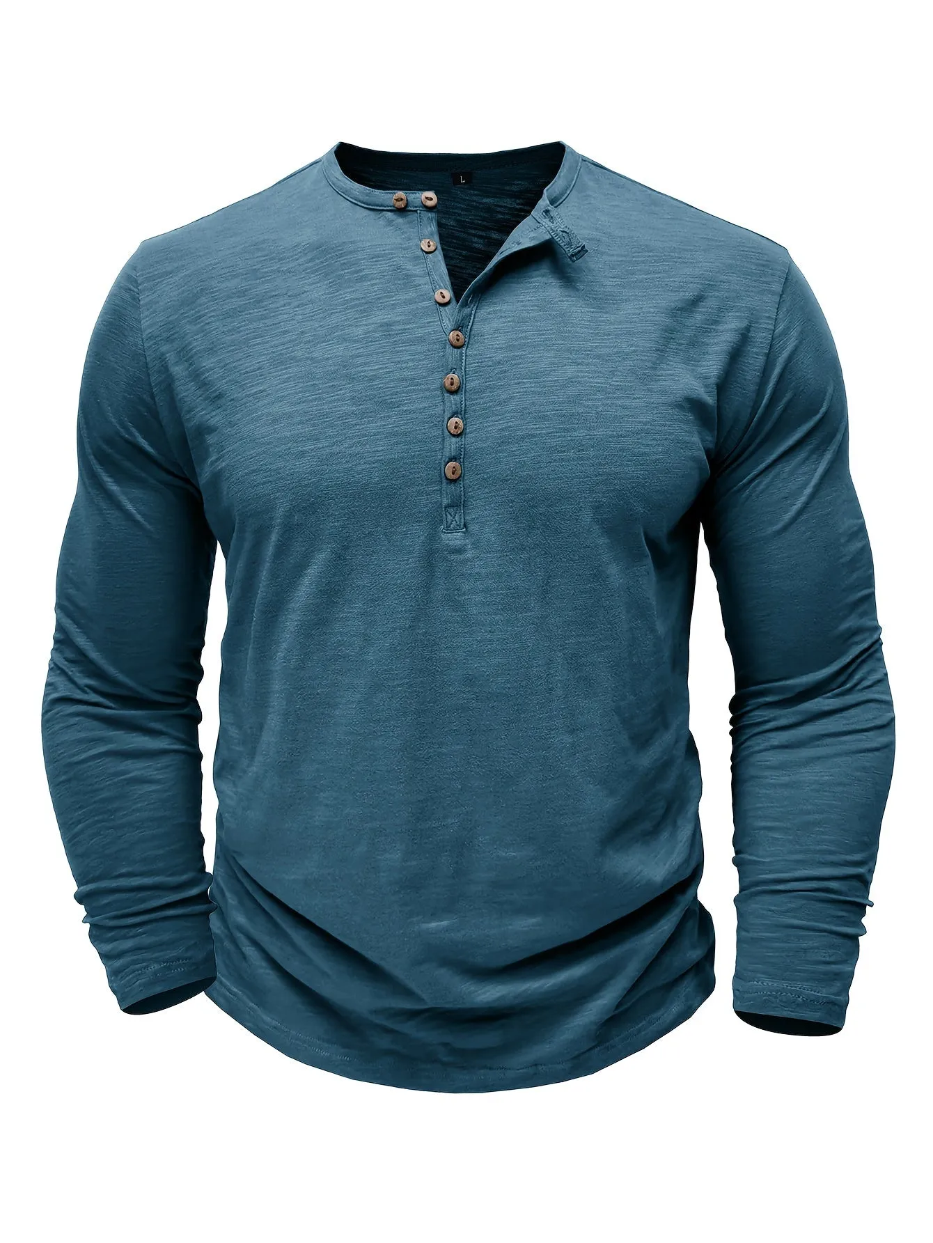 Solid Color Men's All-match Cotton Comfy Long Sleeve Round Neck Henley Shirt, Spring Fall