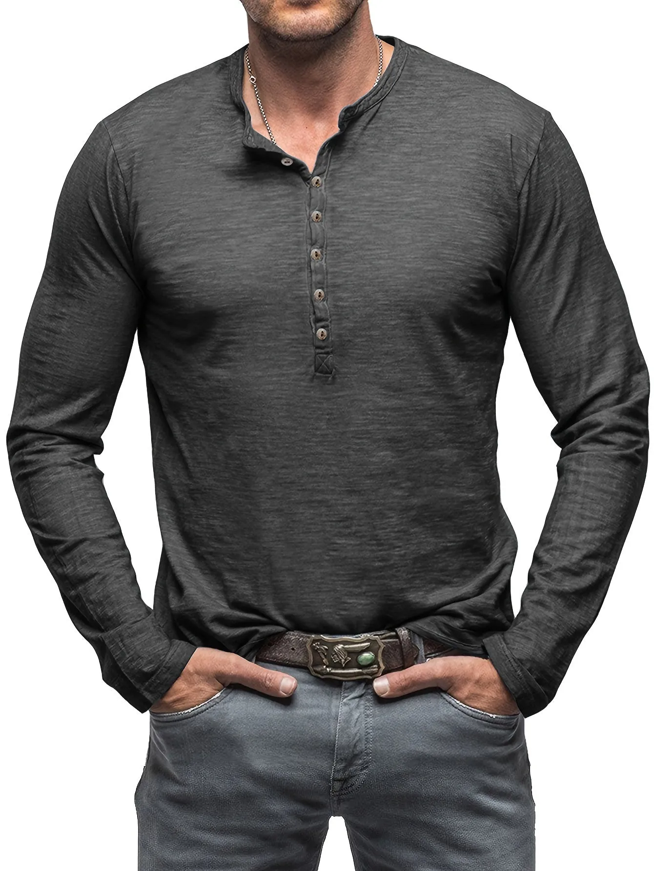 Solid Color Men's All-match Cotton Comfy Long Sleeve Round Neck Henley Shirt, Spring Fall