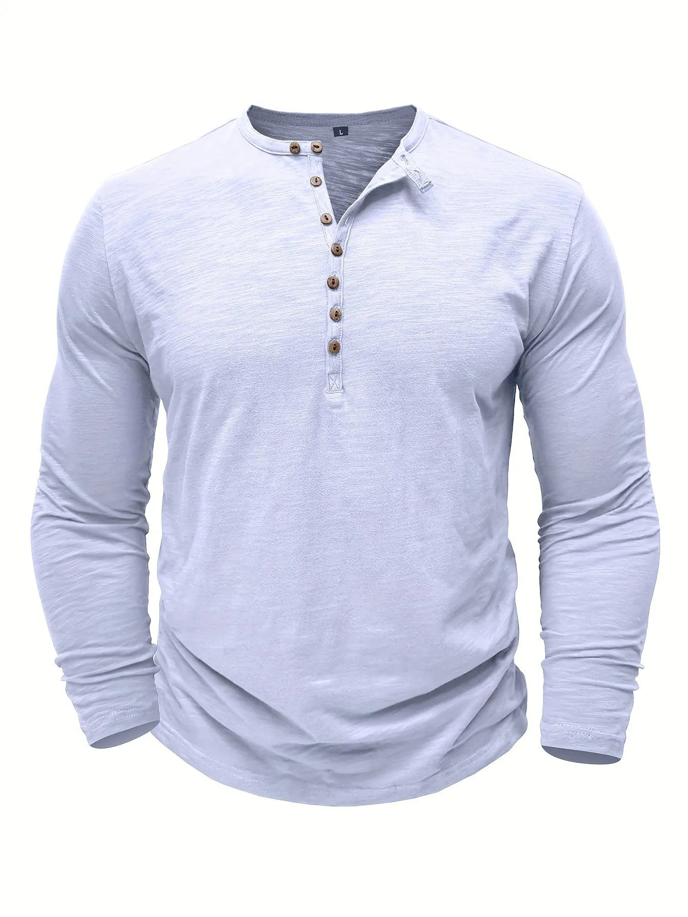 Solid Color Men's All-match Cotton Comfy Long Sleeve Round Neck Henley Shirt, Spring Fall