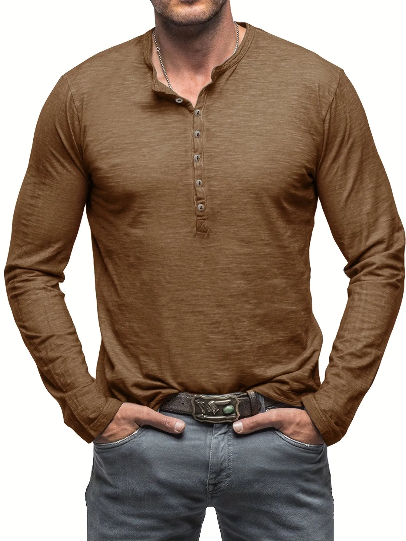 Solid Color Men's All-match Cotton Comfy Long Sleeve Round Neck Henley Shirt, Spring Fall