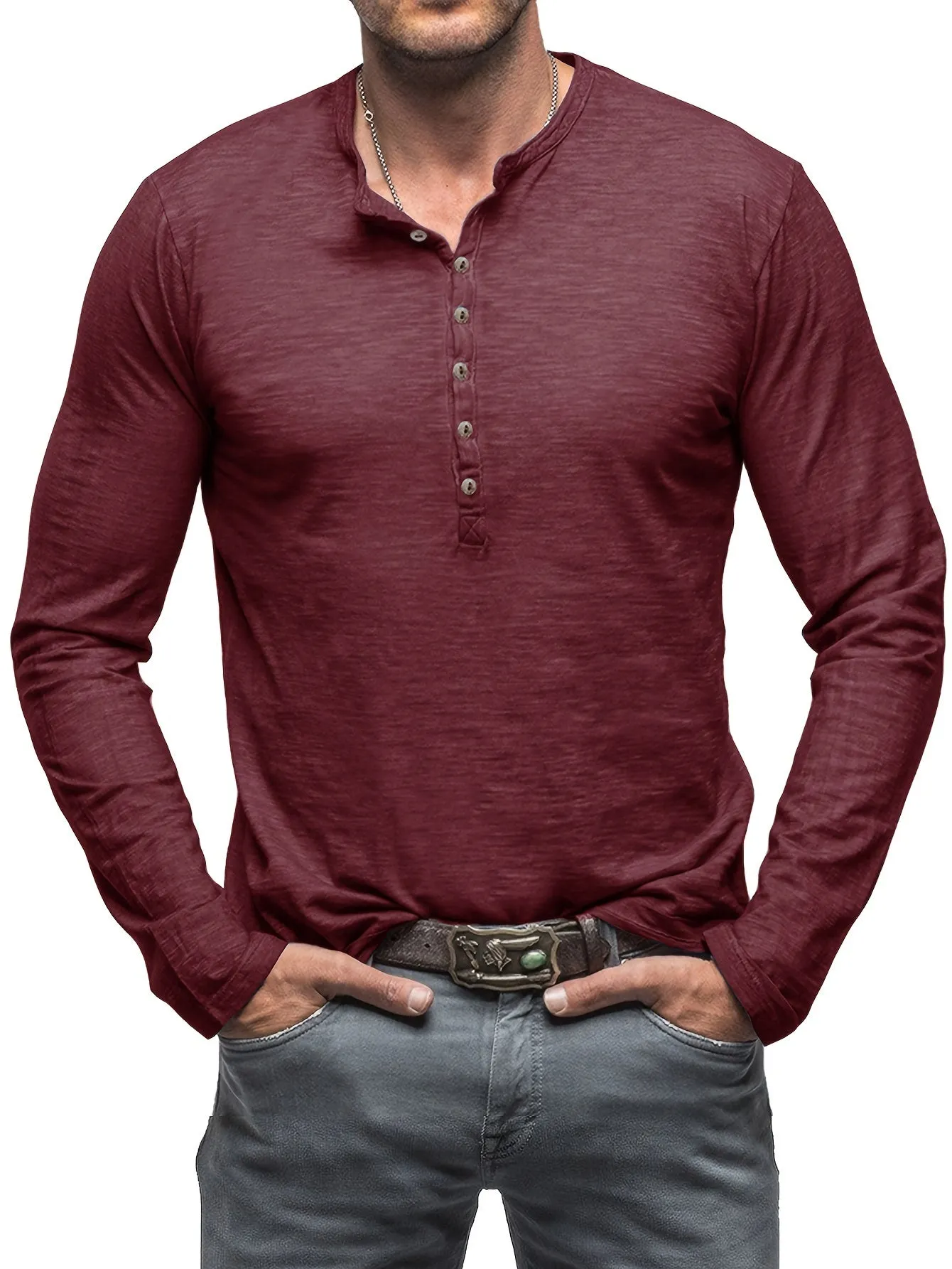 Solid Color Men's All-match Cotton Comfy Long Sleeve Round Neck Henley Shirt, Spring Fall