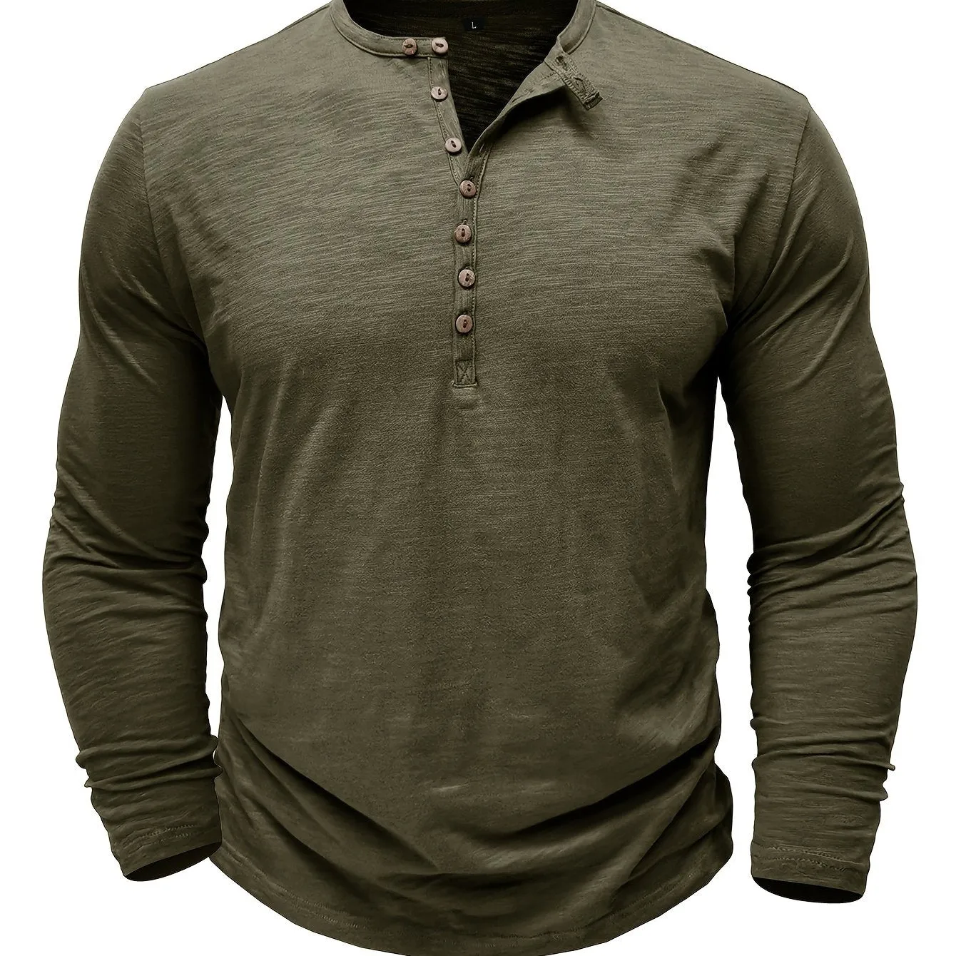 Solid Color Men's All-match Cotton Comfy Long Sleeve Round Neck Henley Shirt, Spring Fall