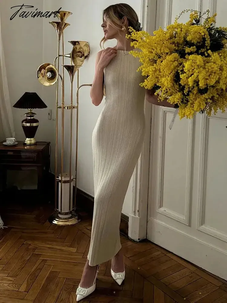 TAVIMART  -  Summer Sleeveless Slim Maxi Dress Female High Waist Solid Color Fashion Pullover Elegant Women Knitwear Party Dresses 2024