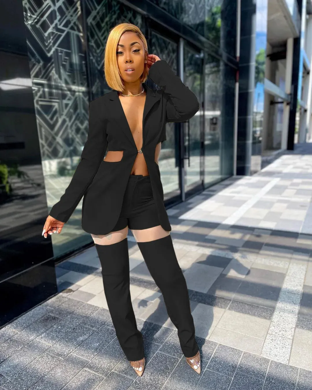 Turn Down Collar Waistless Blazer Pants Set