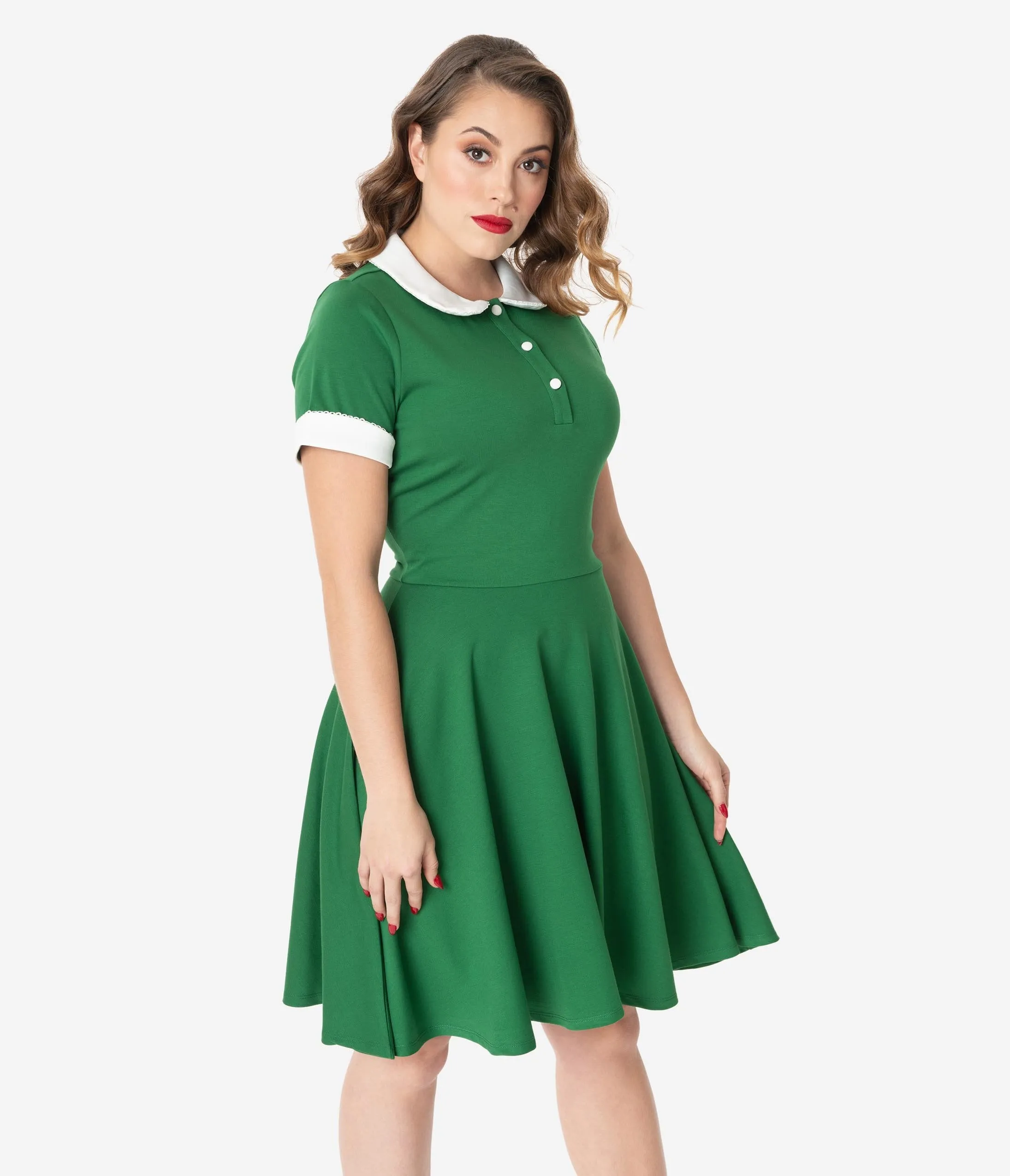 Unique Vintage Green & Ivory Collar Velma Fit & Flare Dress