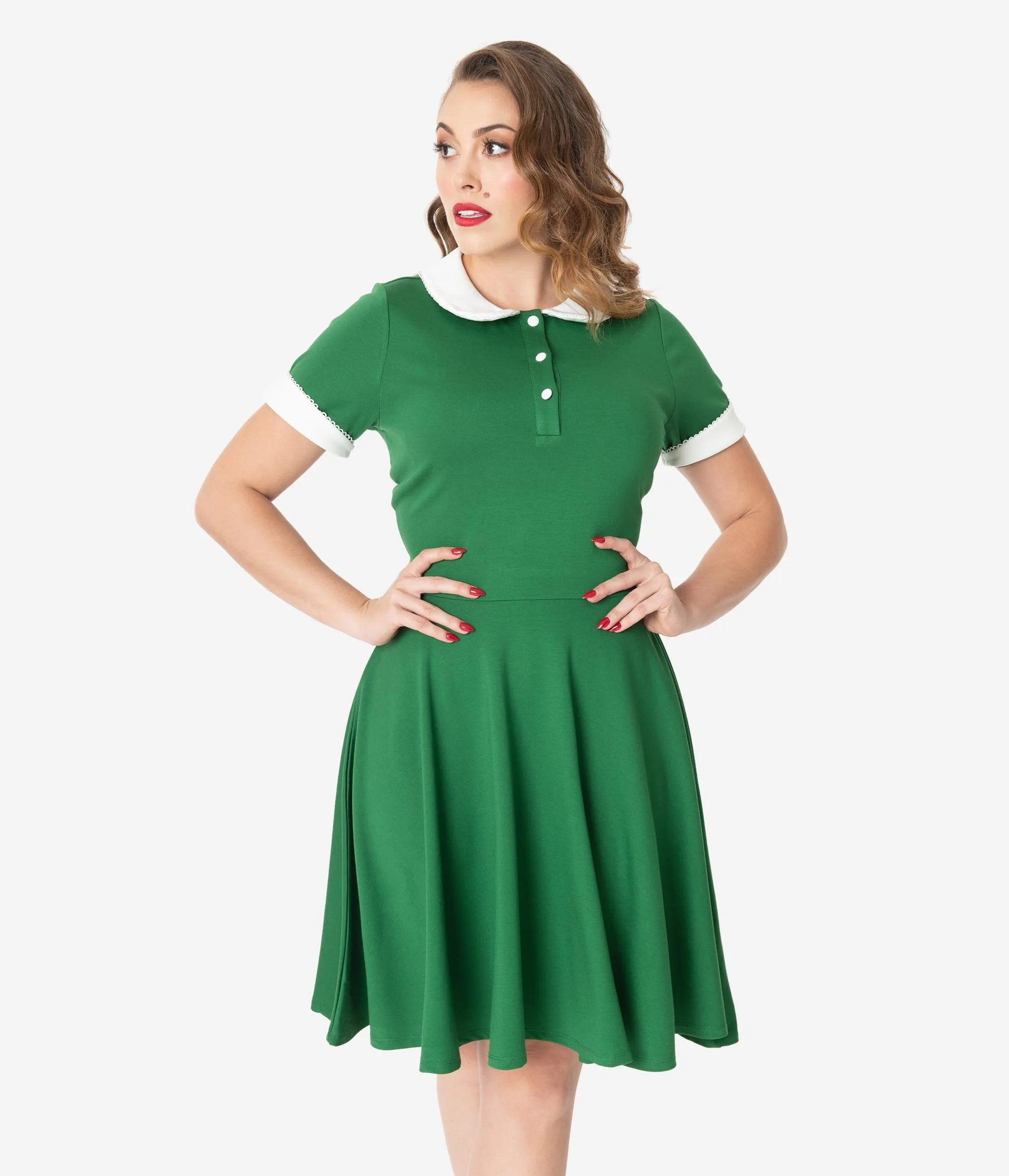 Unique Vintage Green & Ivory Collar Velma Fit & Flare Dress