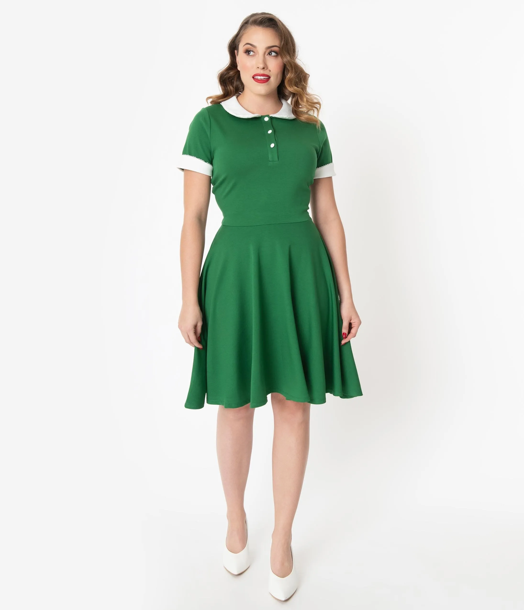 Unique Vintage Green & Ivory Collar Velma Fit & Flare Dress