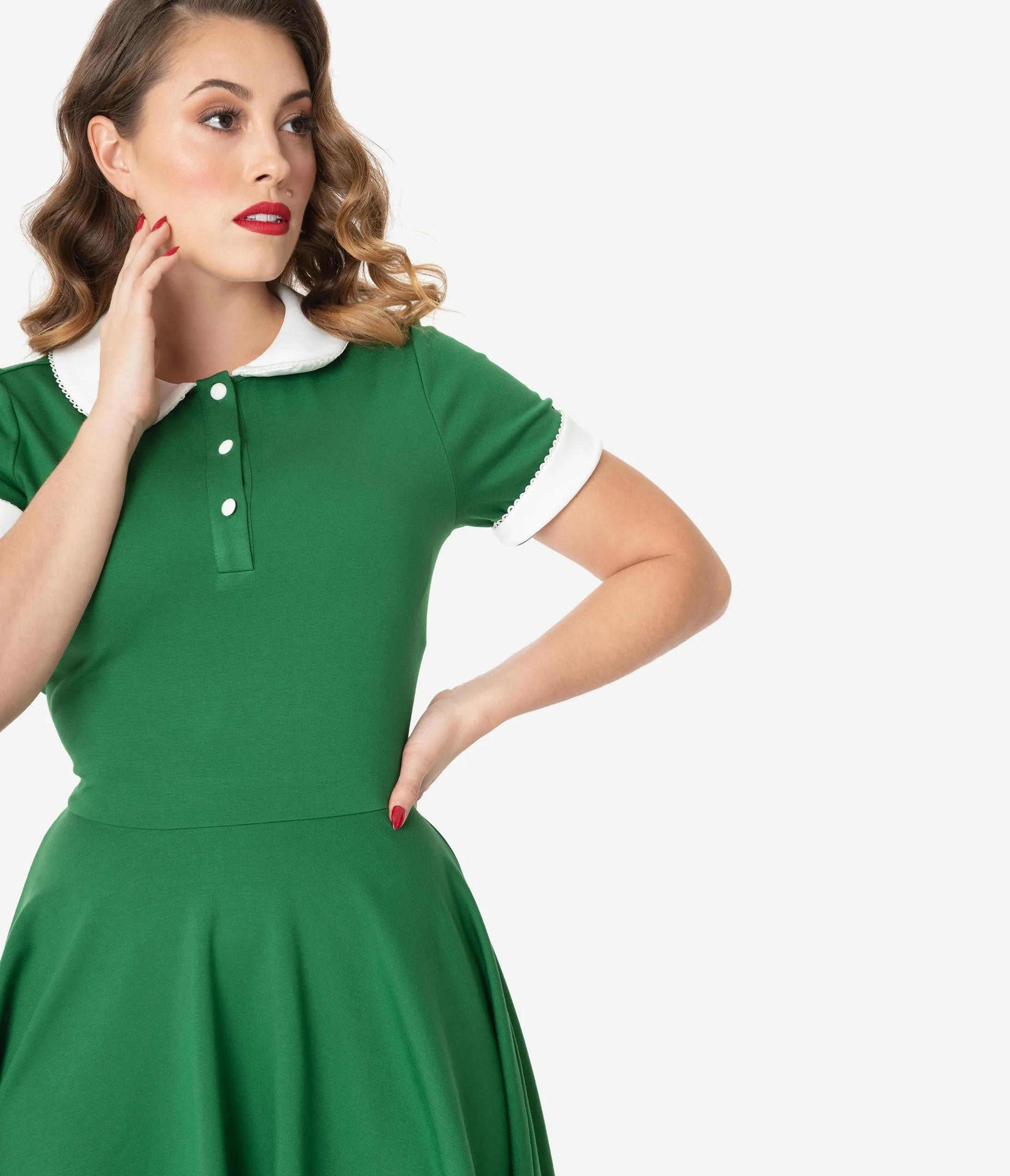 Unique Vintage Green & Ivory Collar Velma Fit & Flare Dress