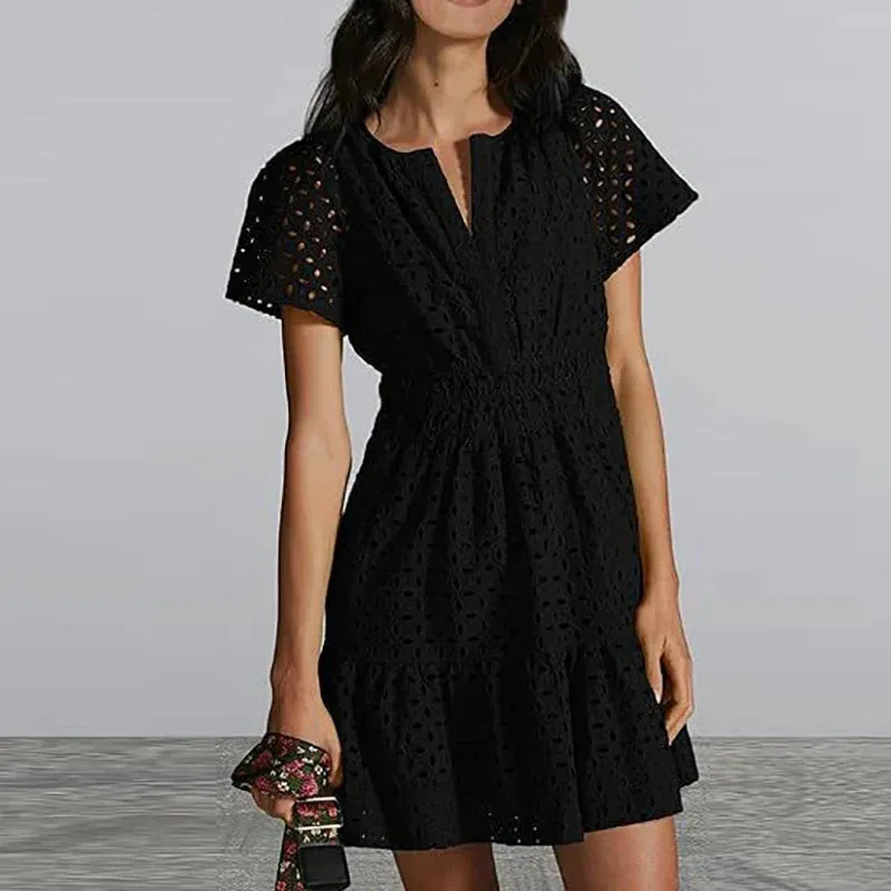 V-neck Hollow Slim Mini Club Lace Pleated Summer Short Sleeved Solid Color A-line Party Fashion Dress