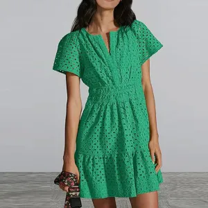 V-neck Hollow Slim Mini Club Lace Pleated Summer Short Sleeved Solid Color A-line Party Fashion Dress