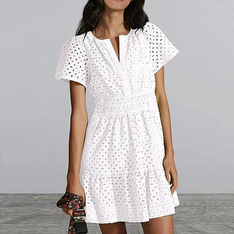 V-neck Hollow Slim Mini Club Lace Pleated Summer Short Sleeved Solid Color A-line Party Fashion Dress