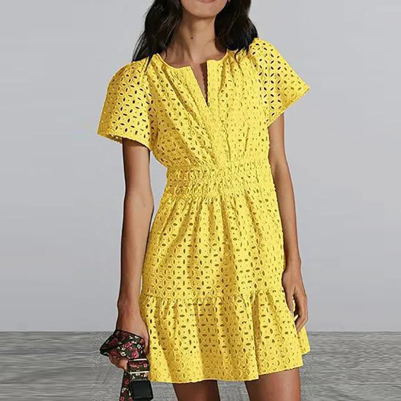 V-neck Hollow Slim Mini Club Lace Pleated Summer Short Sleeved Solid Color A-line Party Fashion Dress