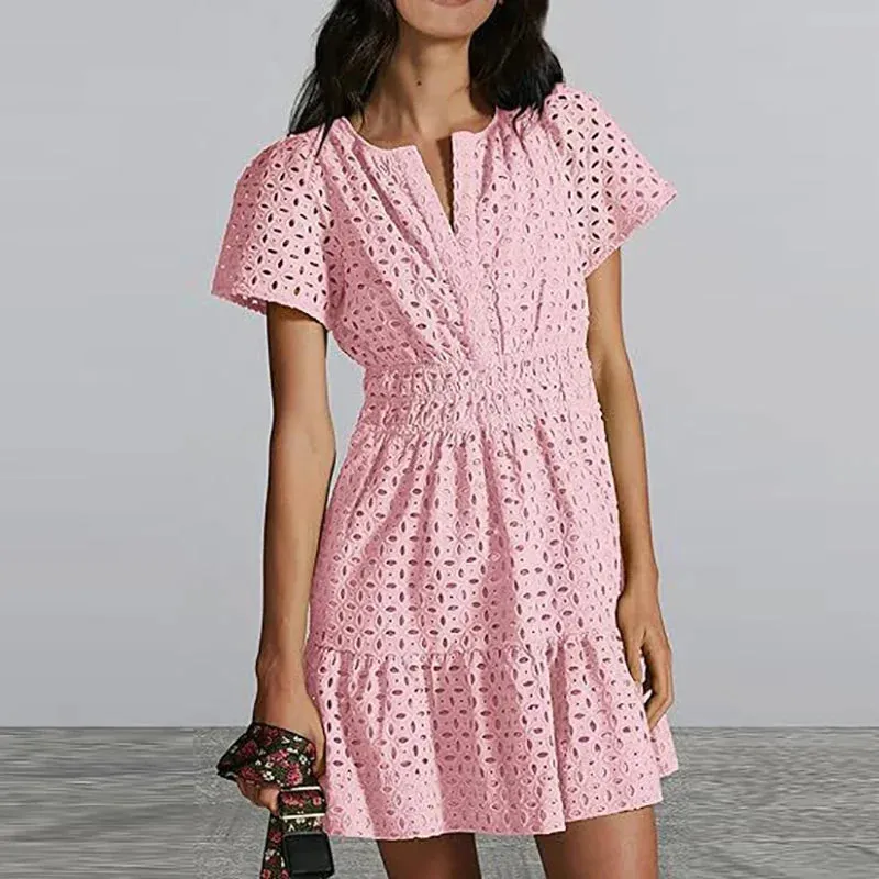 V-neck Hollow Slim Mini Club Lace Pleated Summer Short Sleeved Solid Color A-line Party Fashion Dress