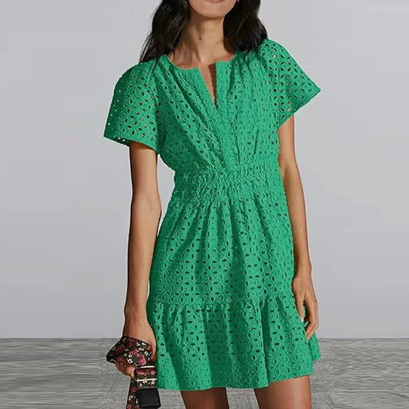 V-neck Hollow Slim Mini Club Lace Pleated Summer Short Sleeved Solid Color A-line Party Fashion Dress