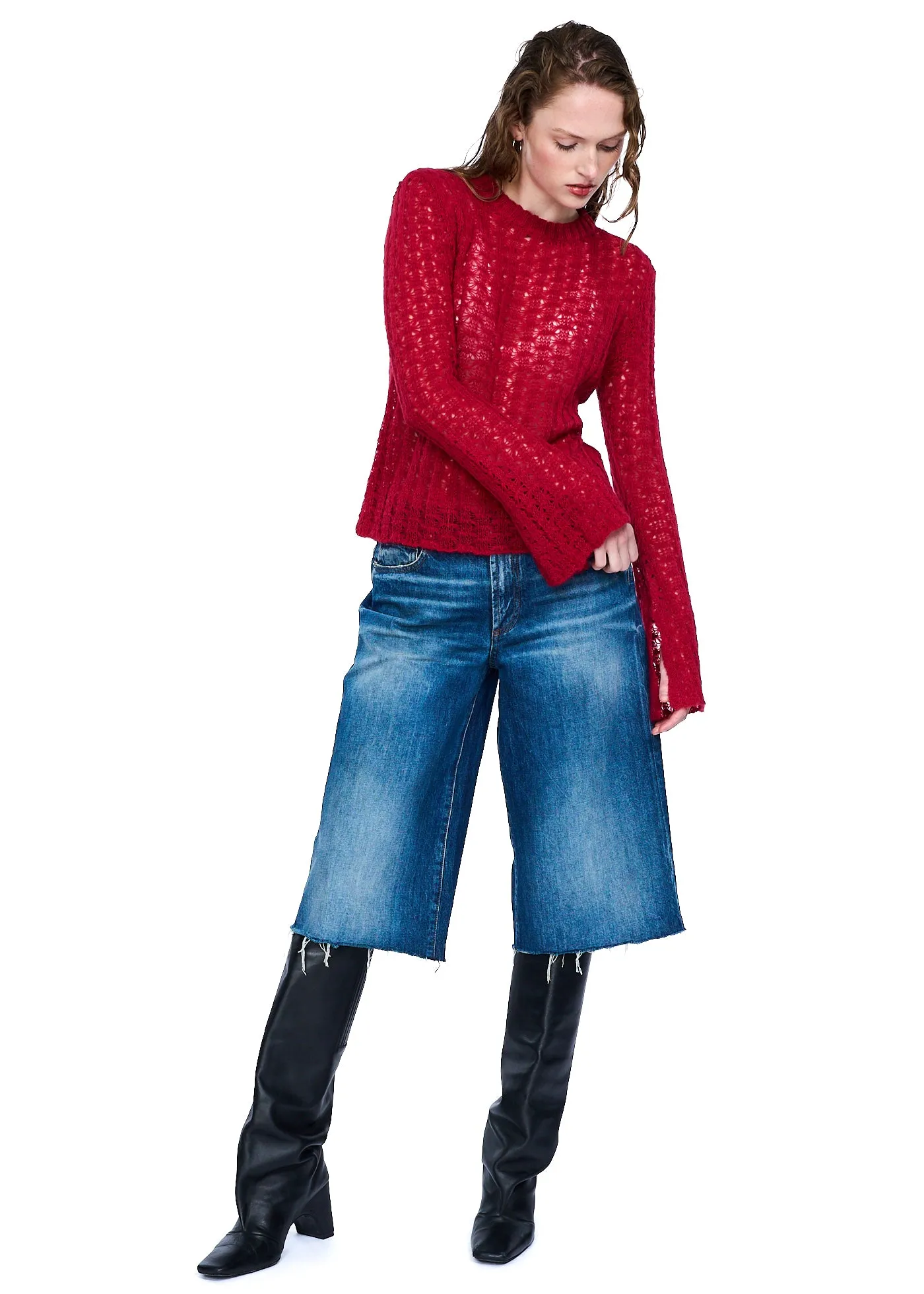 VIAVIA Pointelle Sweater in Dark Red