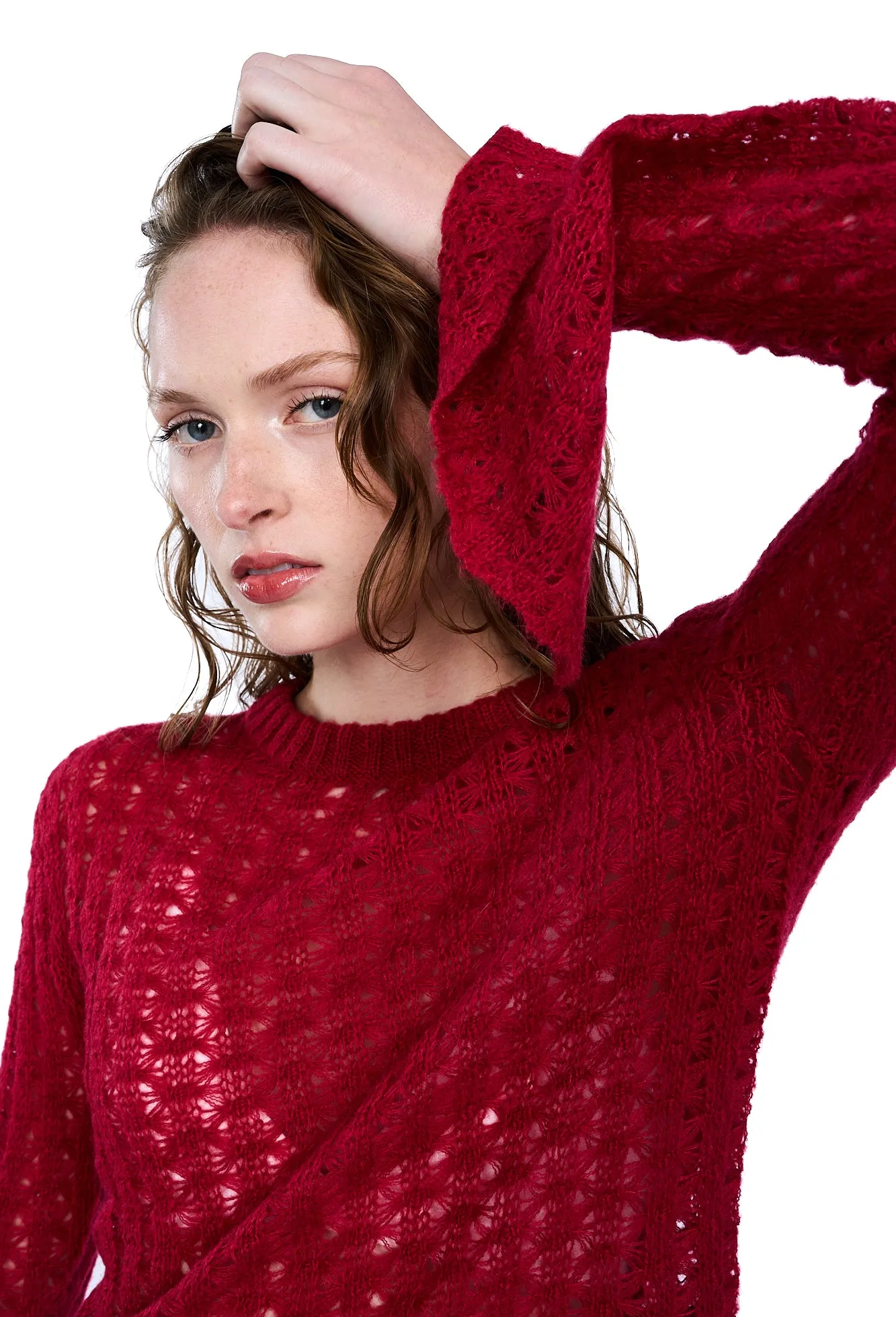 VIAVIA Pointelle Sweater in Dark Red