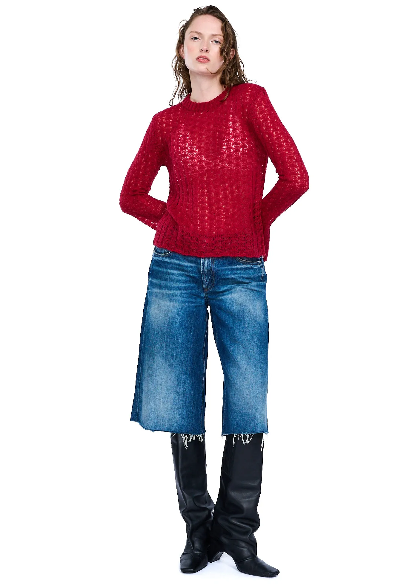 VIAVIA Pointelle Sweater in Dark Red