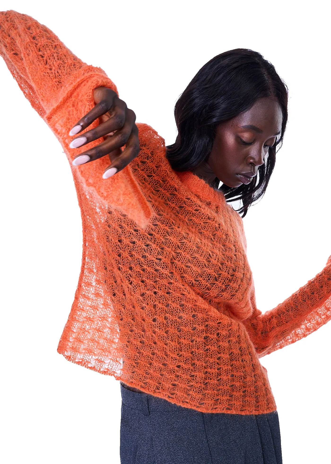 VIAVIA The Pointelle Crewneck Sweater  In Orange Peel