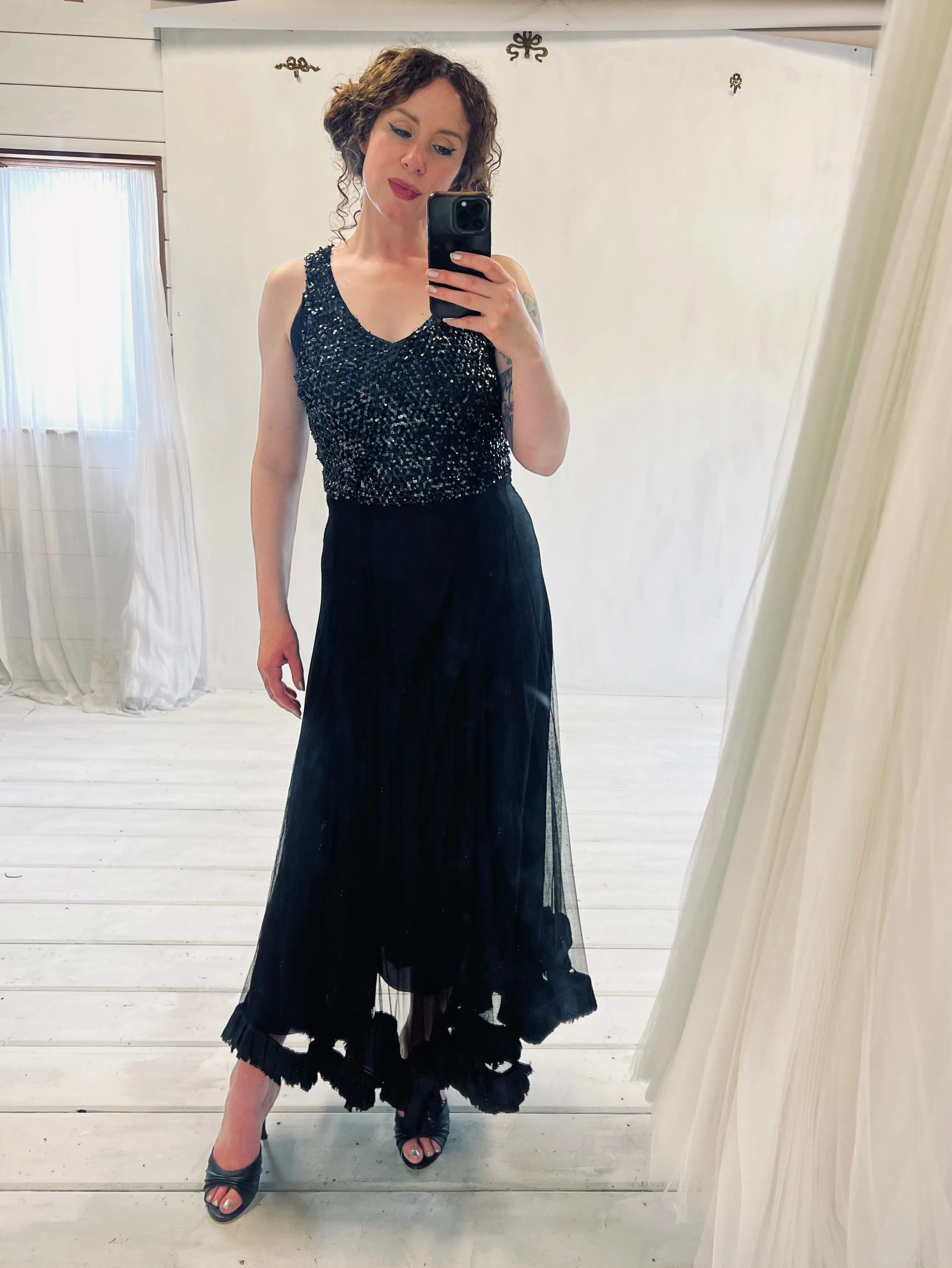 Vintage 1930s Black Sequin Tulle Dress