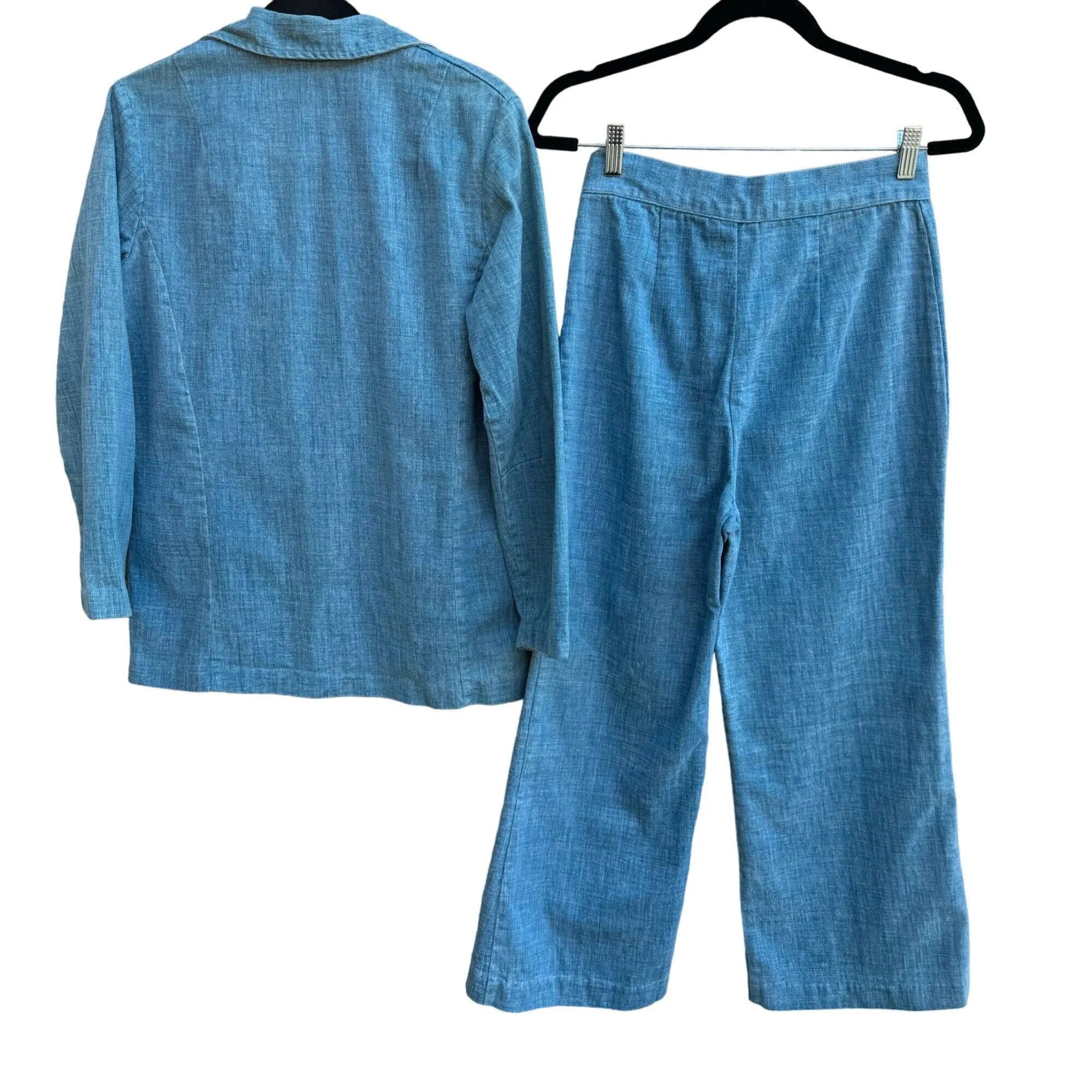 Vintage 70s Womens Blue Denim Single Breasted Blazer Wide Leg Pants 2 Piece Set