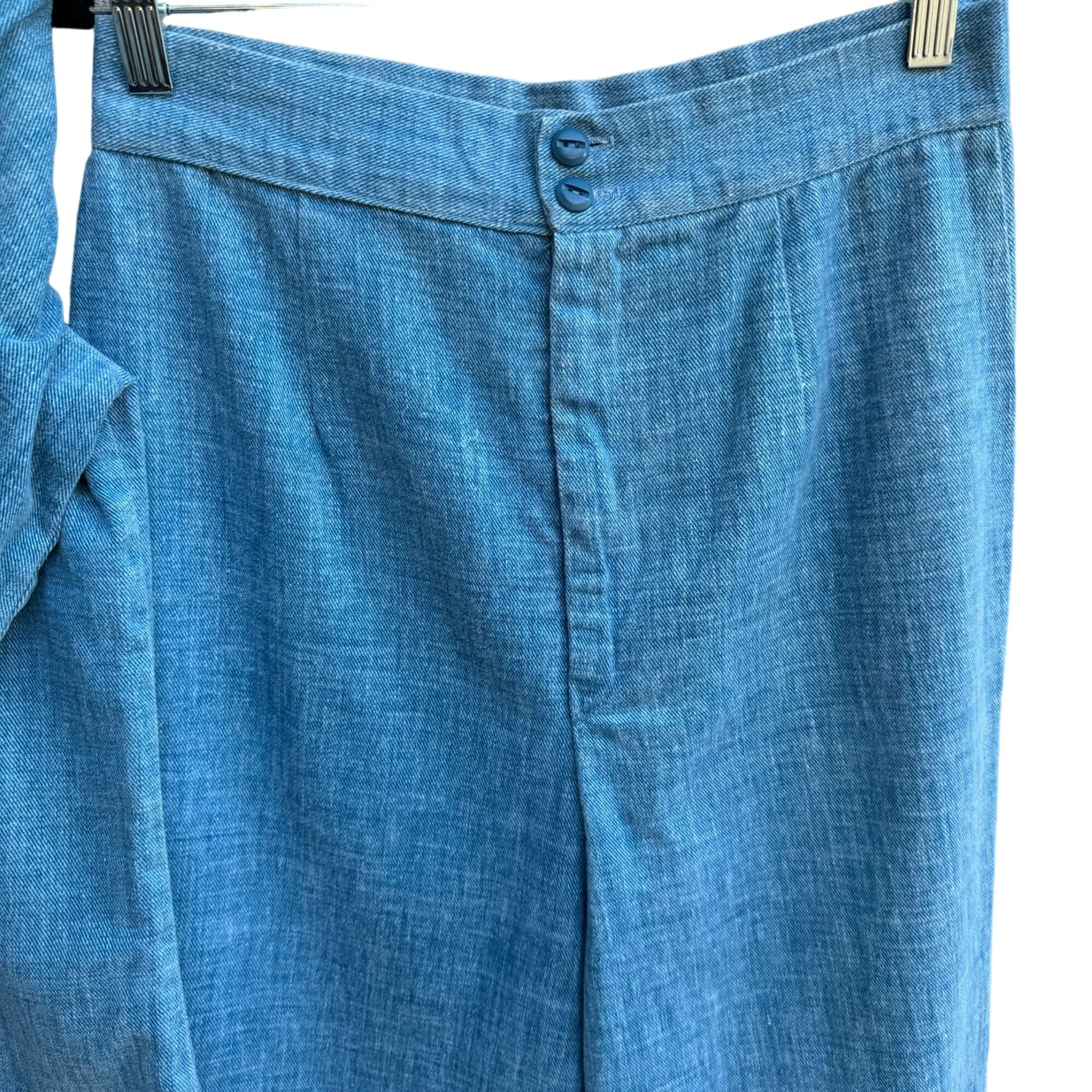 Vintage 70s Womens Blue Denim Single Breasted Blazer Wide Leg Pants 2 Piece Set