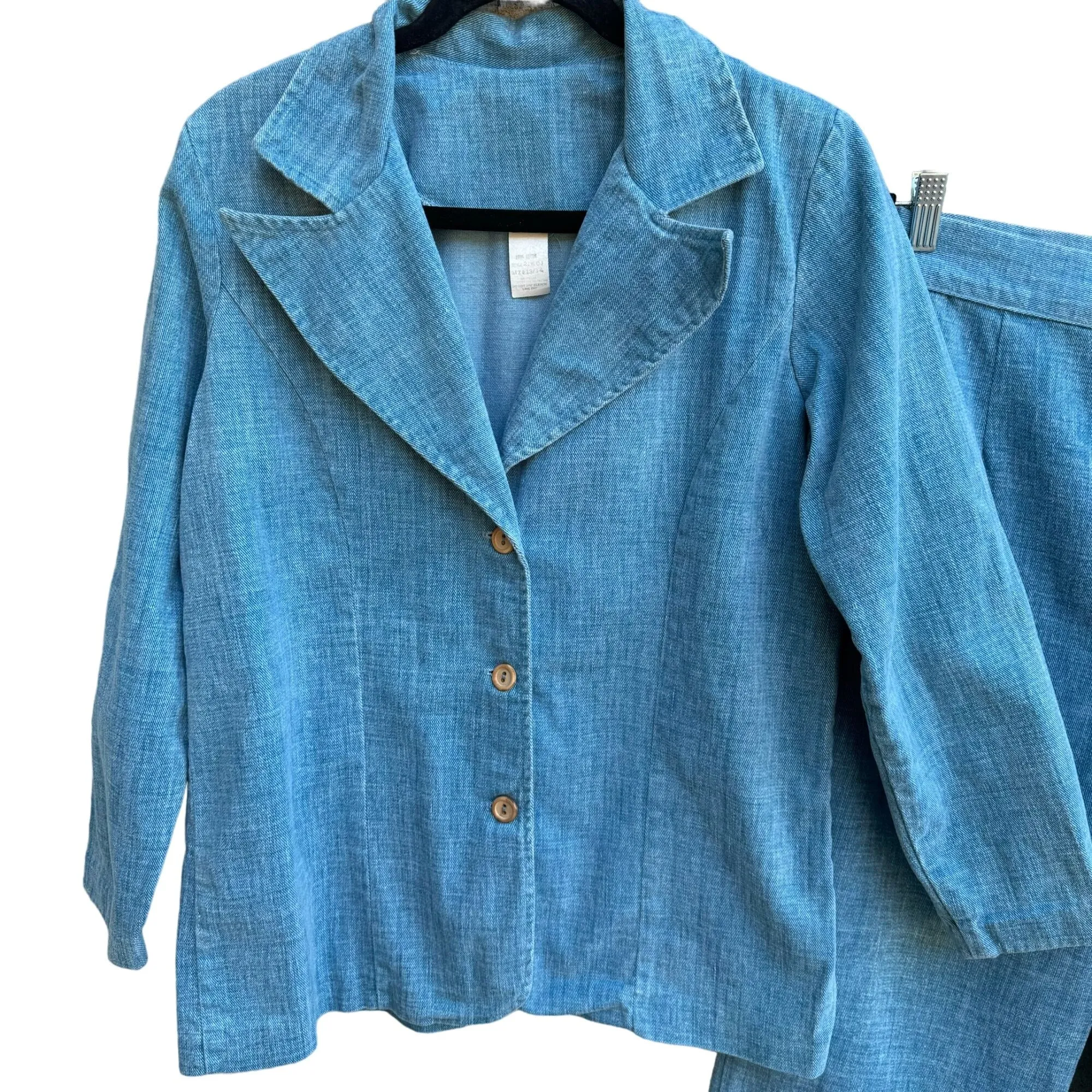 Vintage 70s Womens Blue Denim Single Breasted Blazer Wide Leg Pants 2 Piece Set