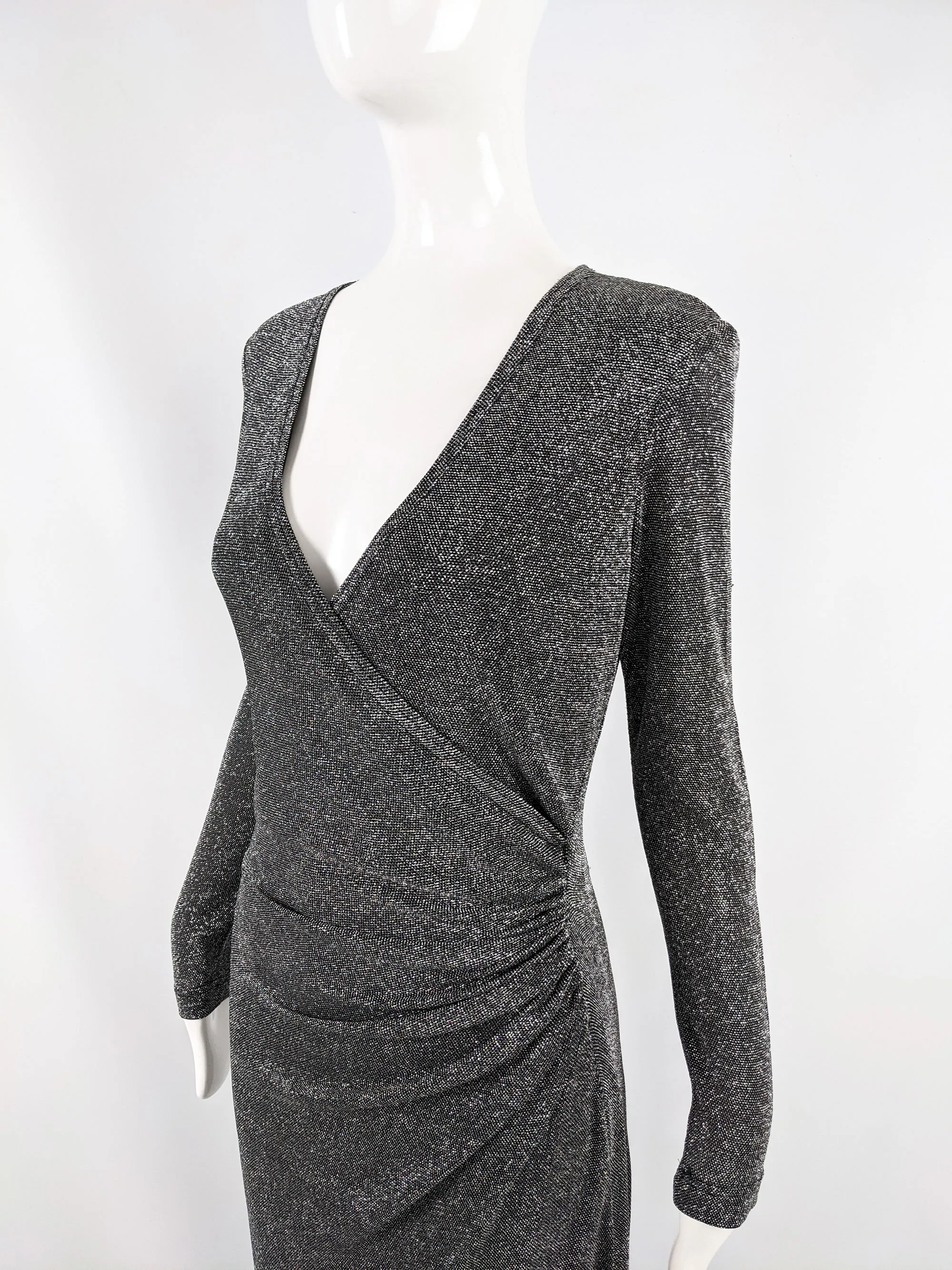 Vintage Silver Lurex Plunging Neckline Evening Gown, 1990s