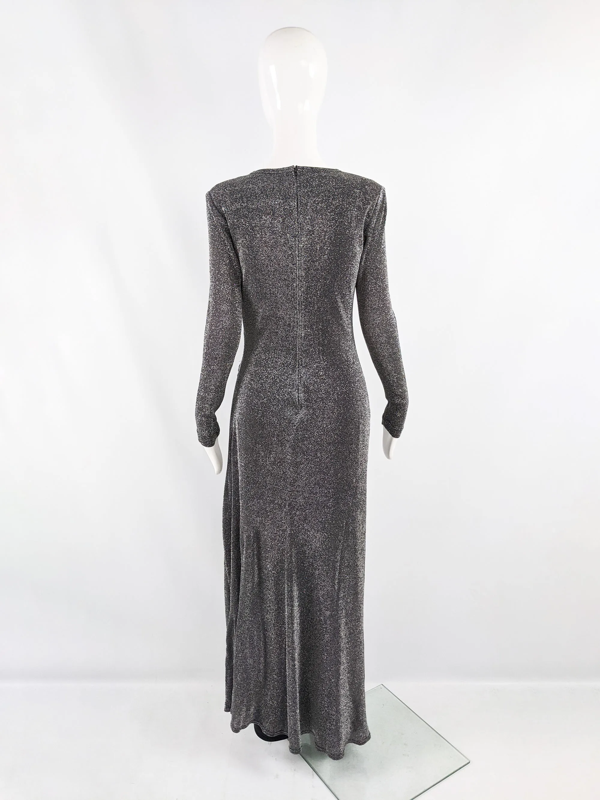 Vintage Silver Lurex Plunging Neckline Evening Gown, 1990s