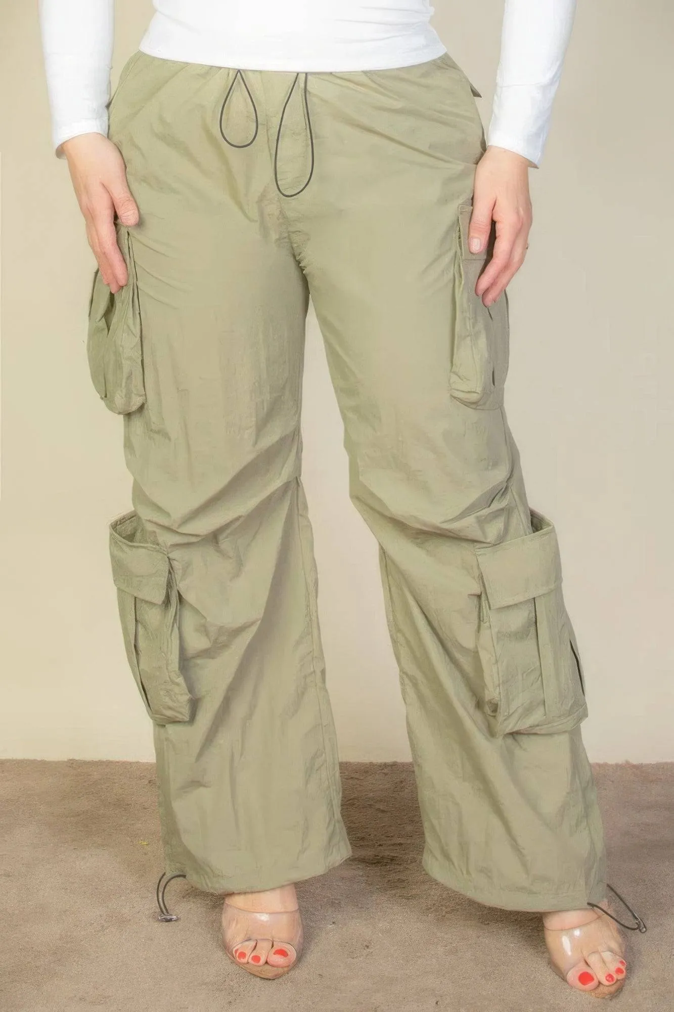 Voluptuous ( ) Plus Size Flap Pockets Drawstring Ruched Parachute Pants