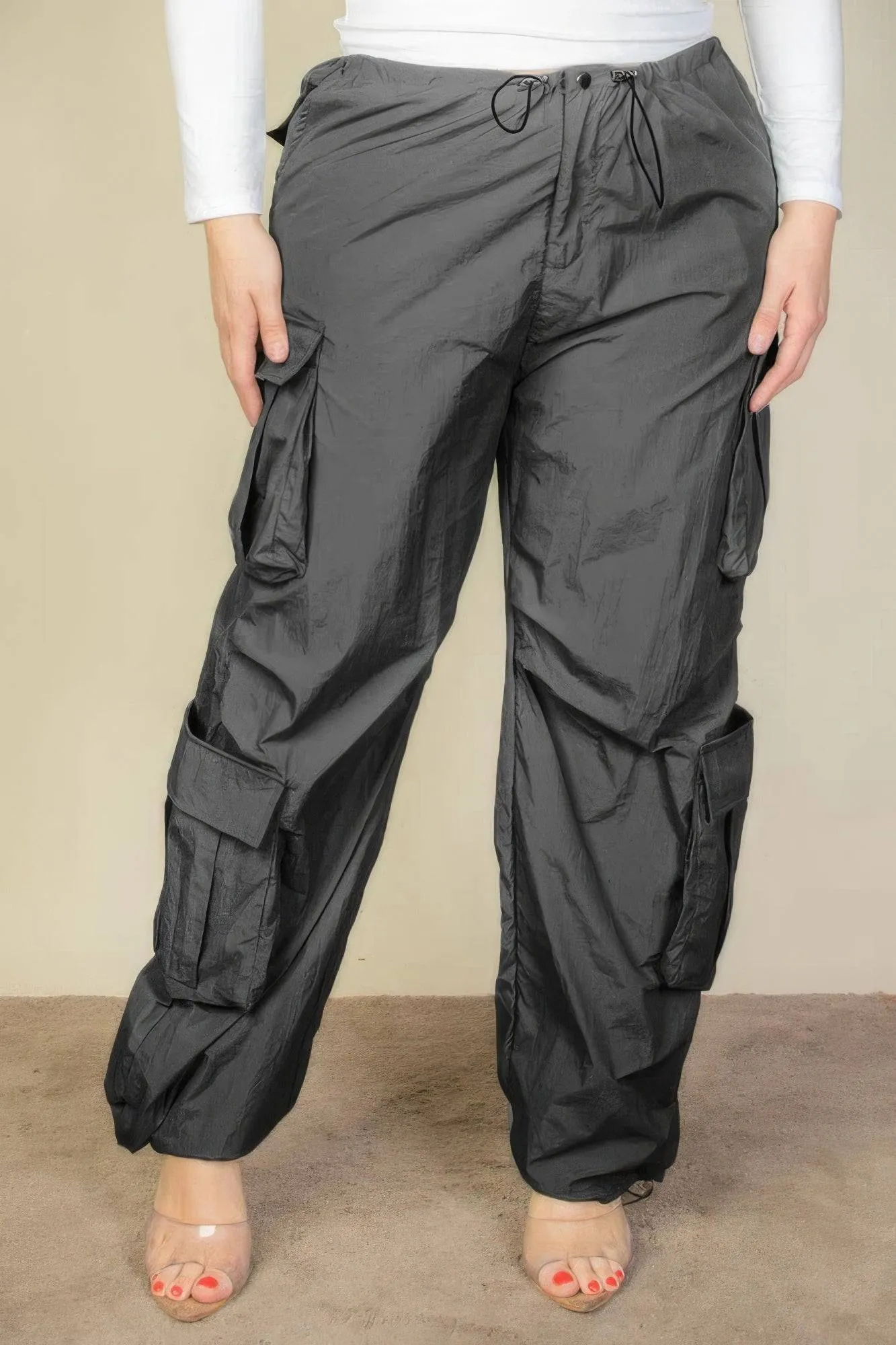 Voluptuous ( ) Plus Size Flap Pockets Drawstring Ruched Parachute Pants