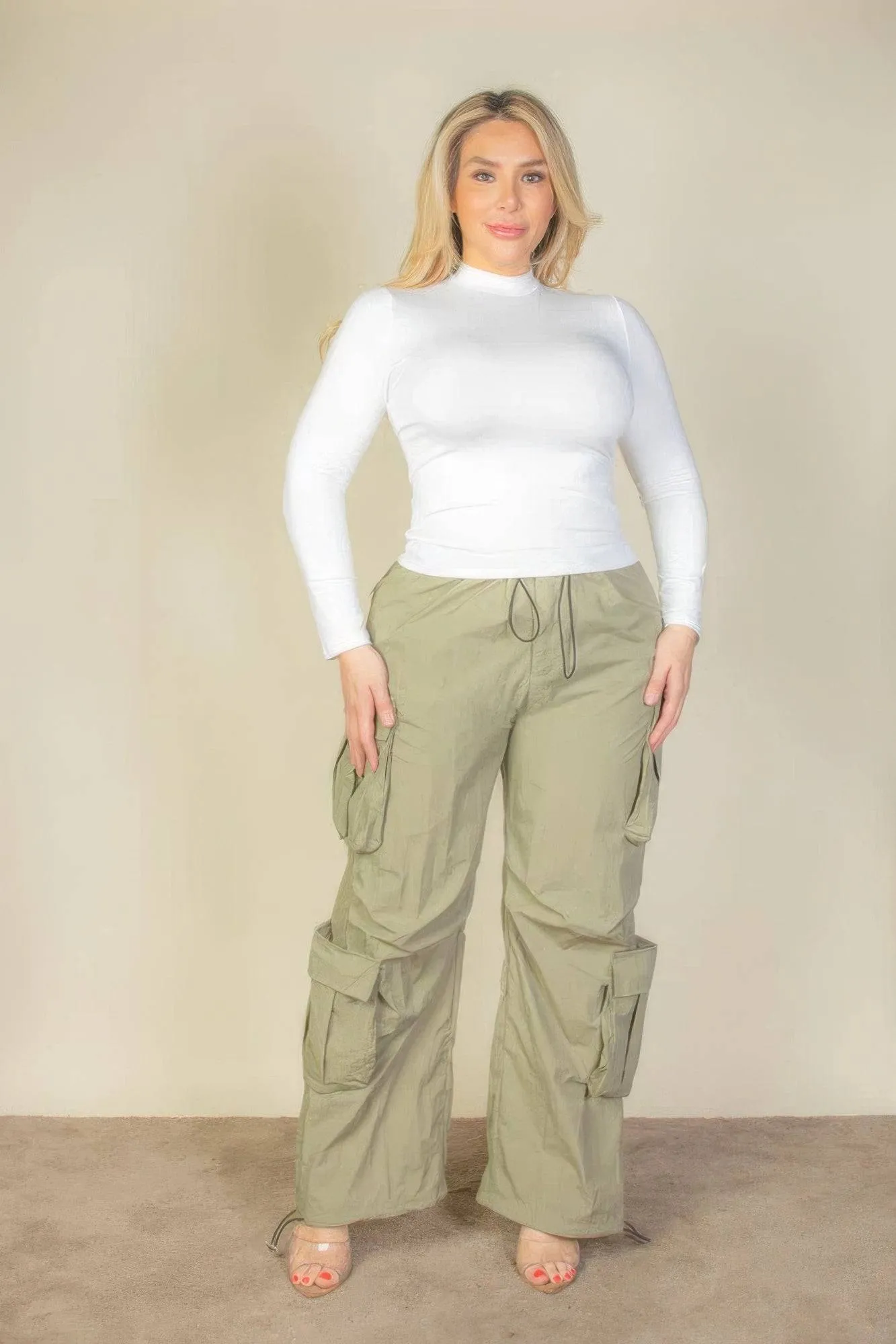 Voluptuous ( ) Plus Size Flap Pockets Drawstring Ruched Parachute Pants