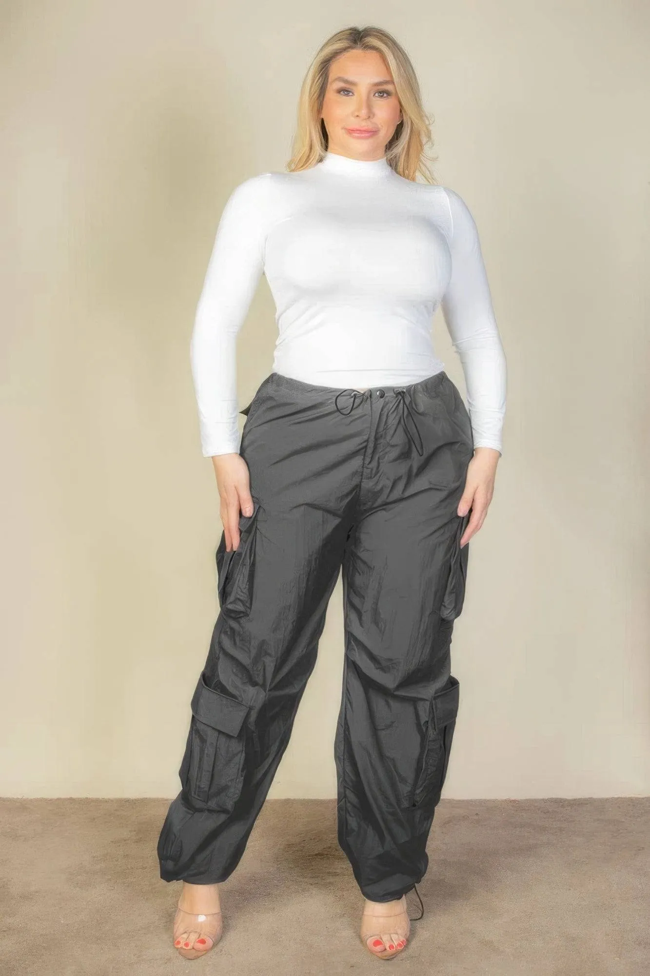 Voluptuous ( ) Plus Size Flap Pockets Drawstring Ruched Parachute Pants