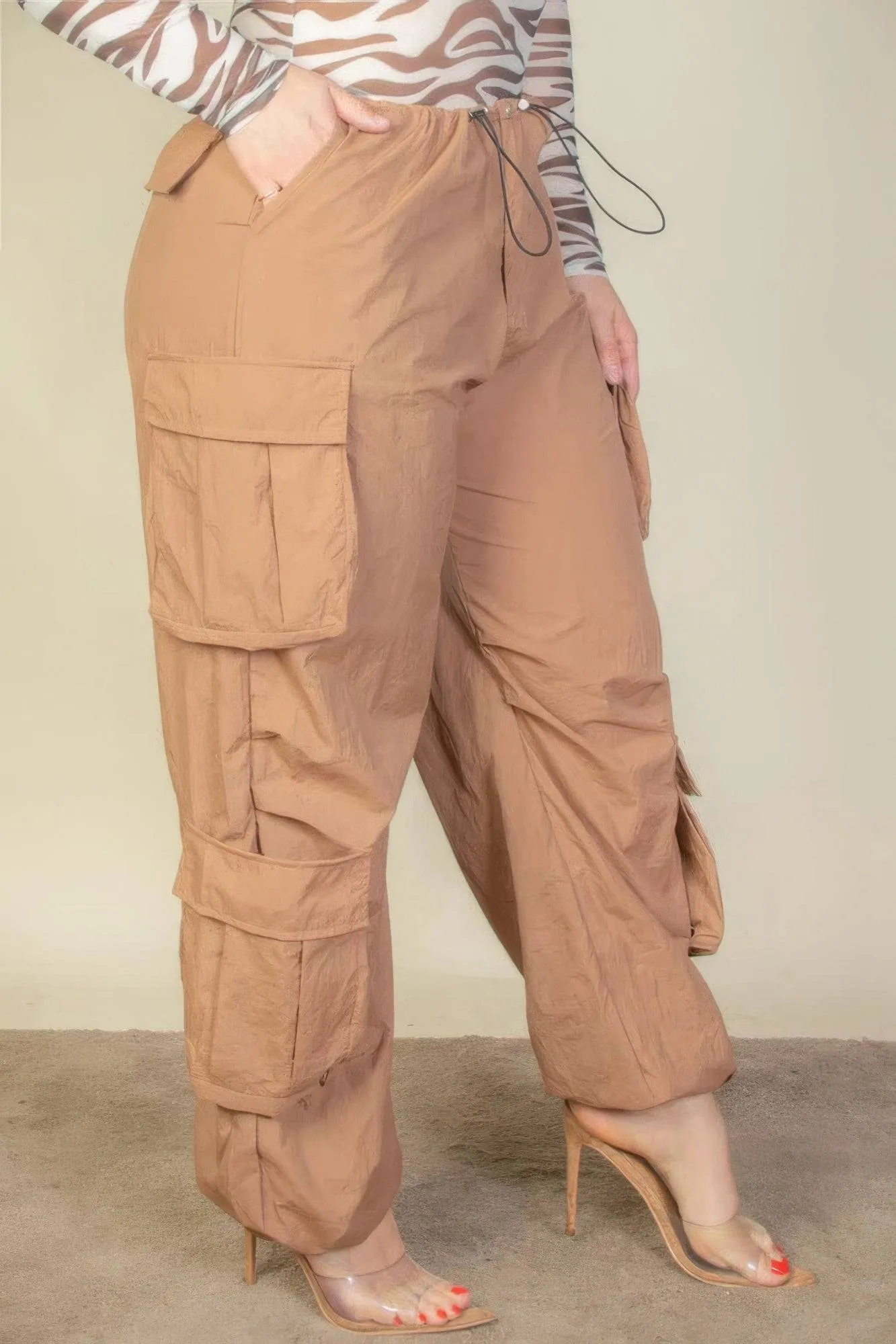 Voluptuous ( ) Plus Size Flap Pockets Drawstring Ruched Parachute Pants
