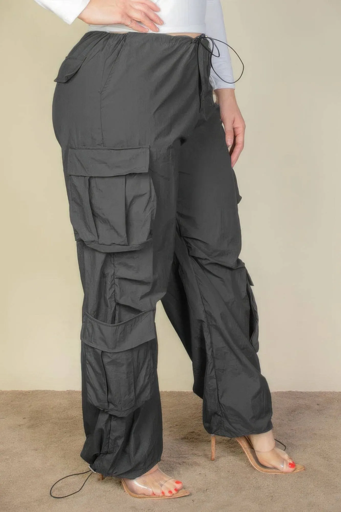 Voluptuous ( ) Plus Size Flap Pockets Drawstring Ruched Parachute Pants
