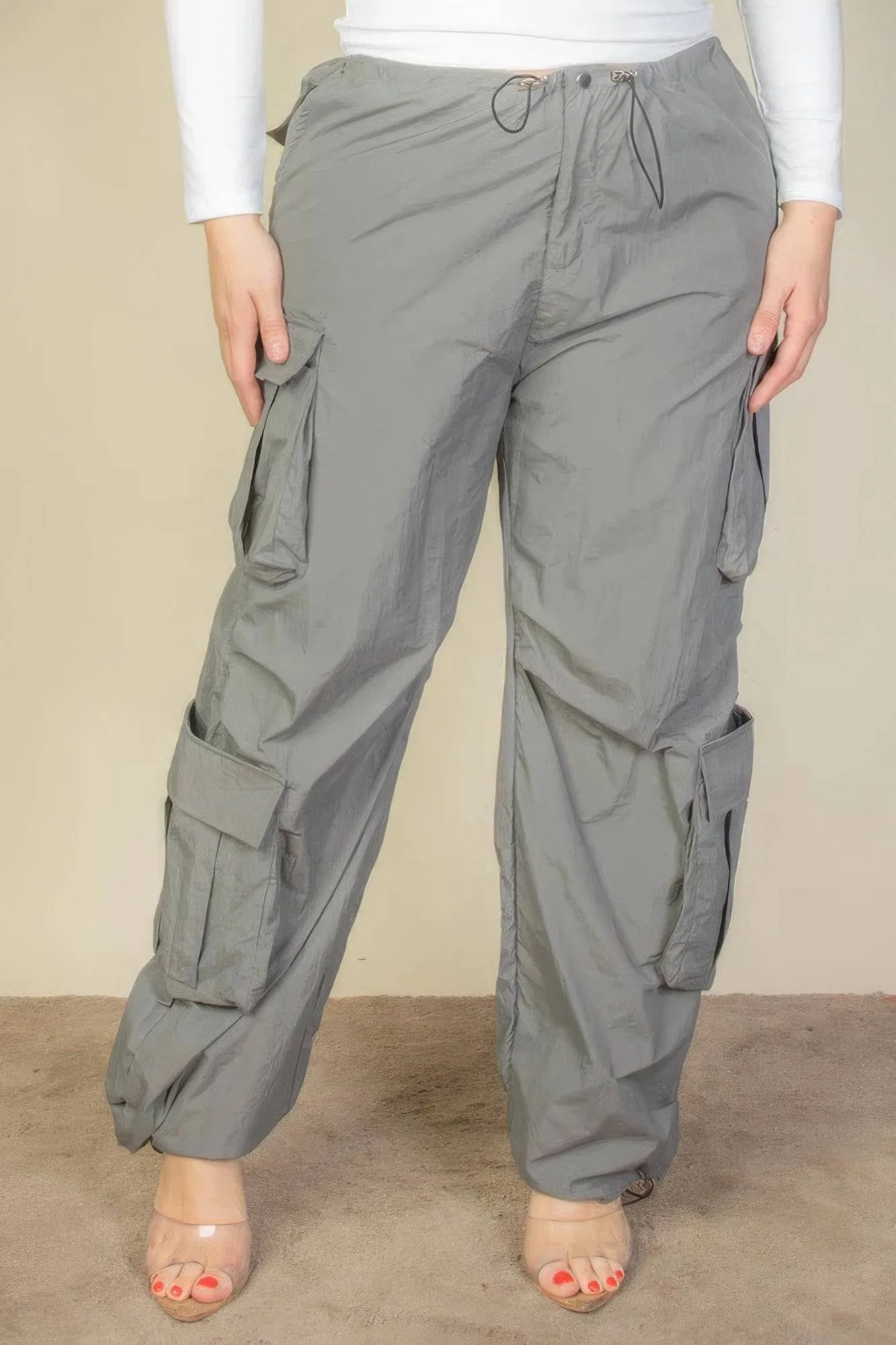 Voluptuous ( ) Plus Size Flap Pockets Drawstring Ruched Parachute Pants